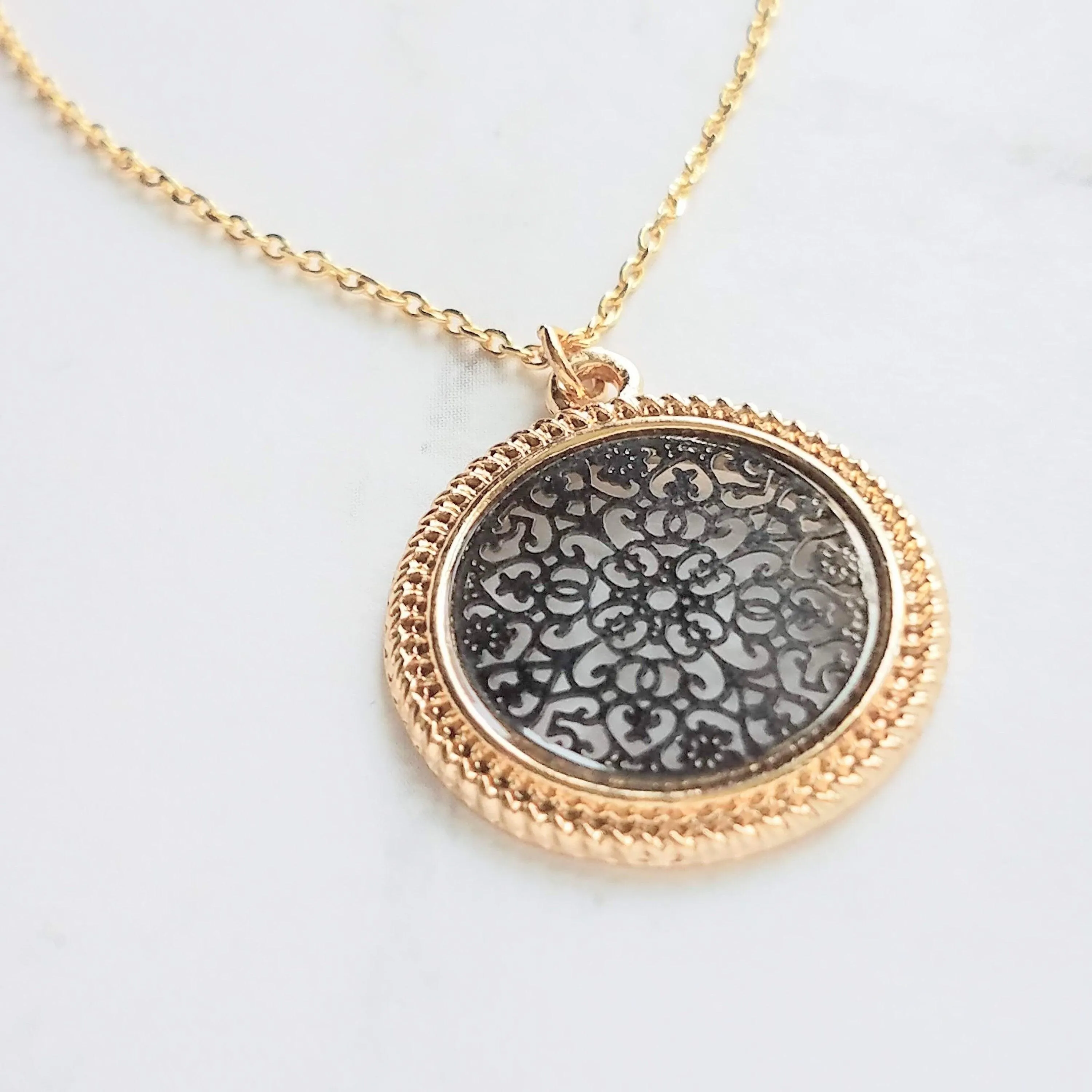 Gold Black Medallion Necklace, gold medallion pendant, cut out pendant, filigree necklace, round medallion necklace lacy black gold necklace