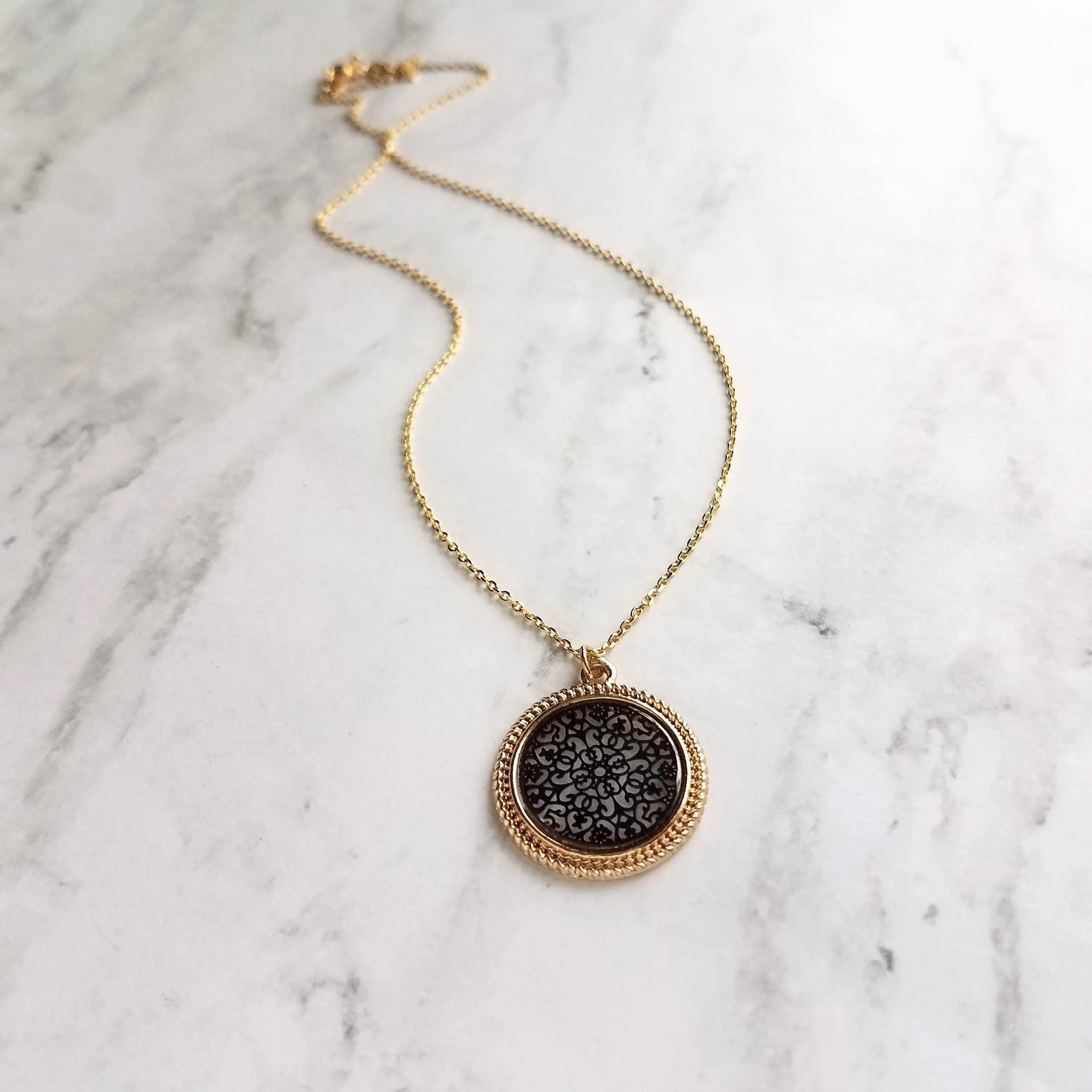 Gold Black Medallion Necklace, gold medallion pendant, cut out pendant, filigree necklace, round medallion necklace lacy black gold necklace