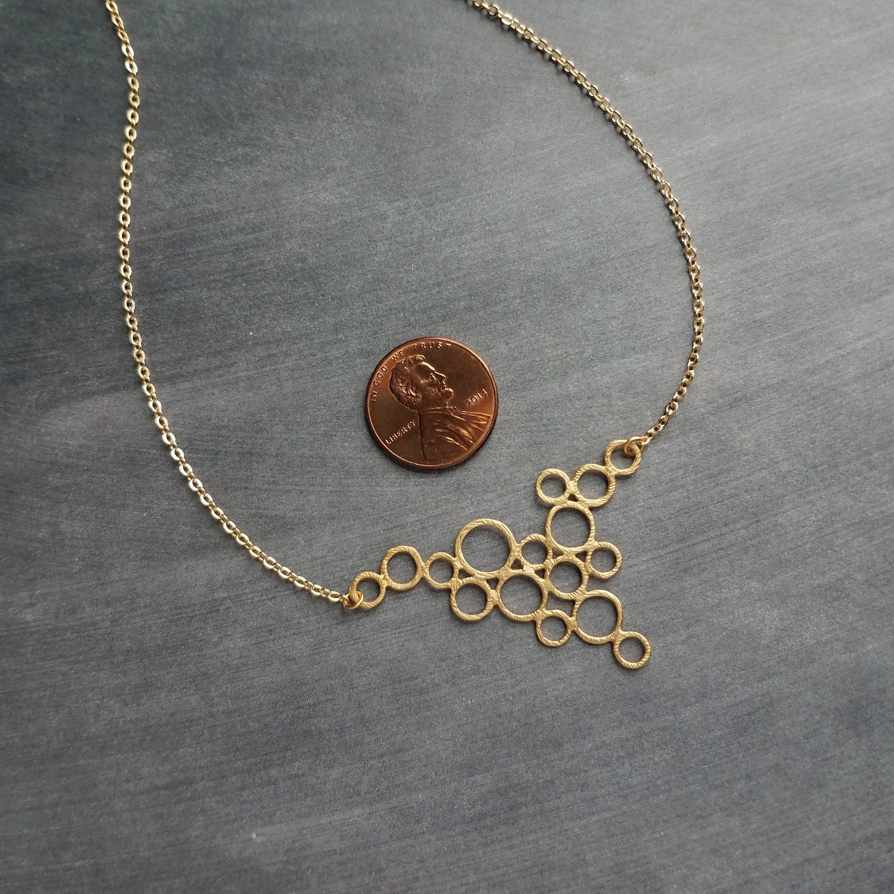 Gold Circles Necklace, gold bubbles necklace, bubble pendant, gold circles pendant connected circles necklace delicate gold chain matte gold