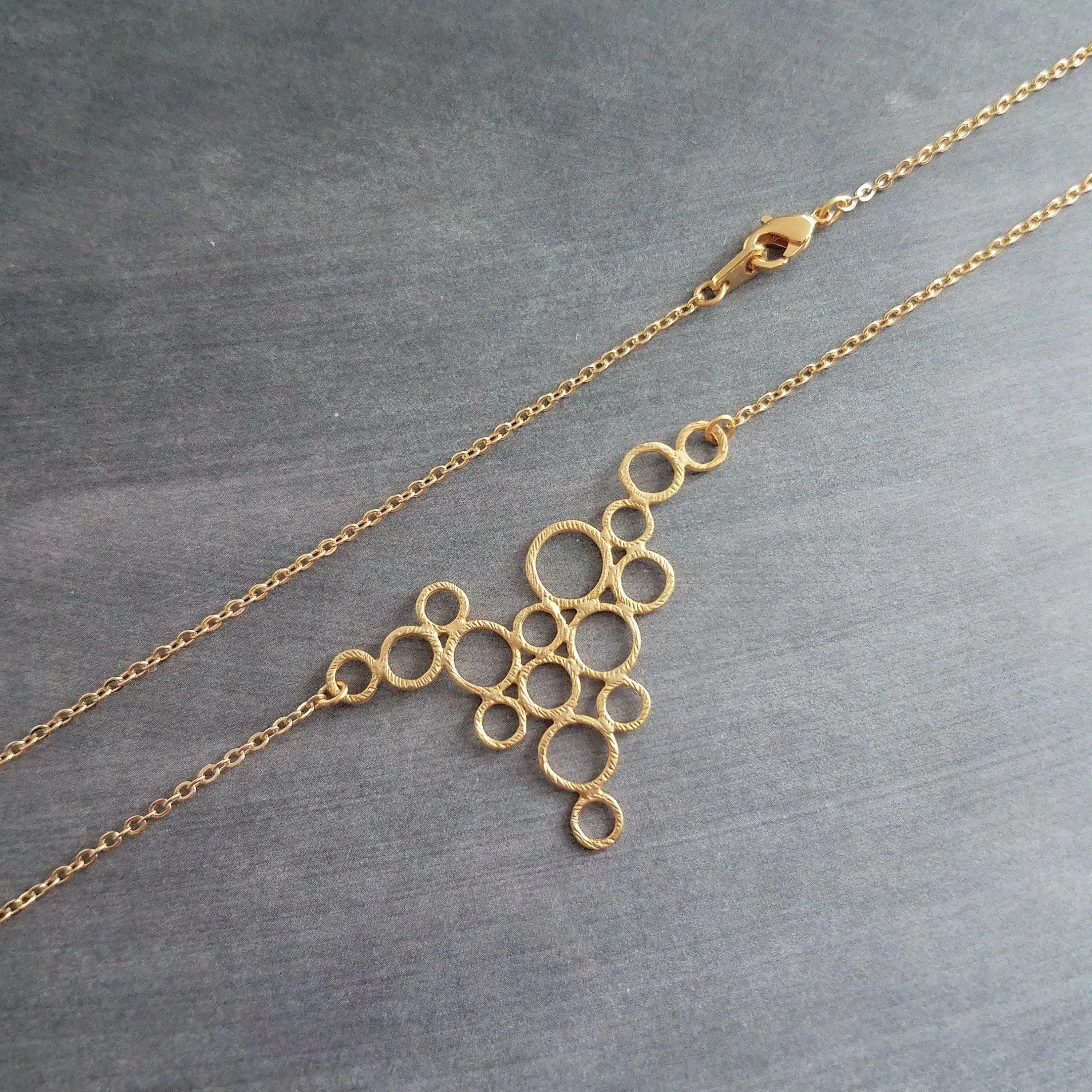 Gold Circles Necklace, gold bubbles necklace, bubble pendant, gold circles pendant connected circles necklace delicate gold chain matte gold