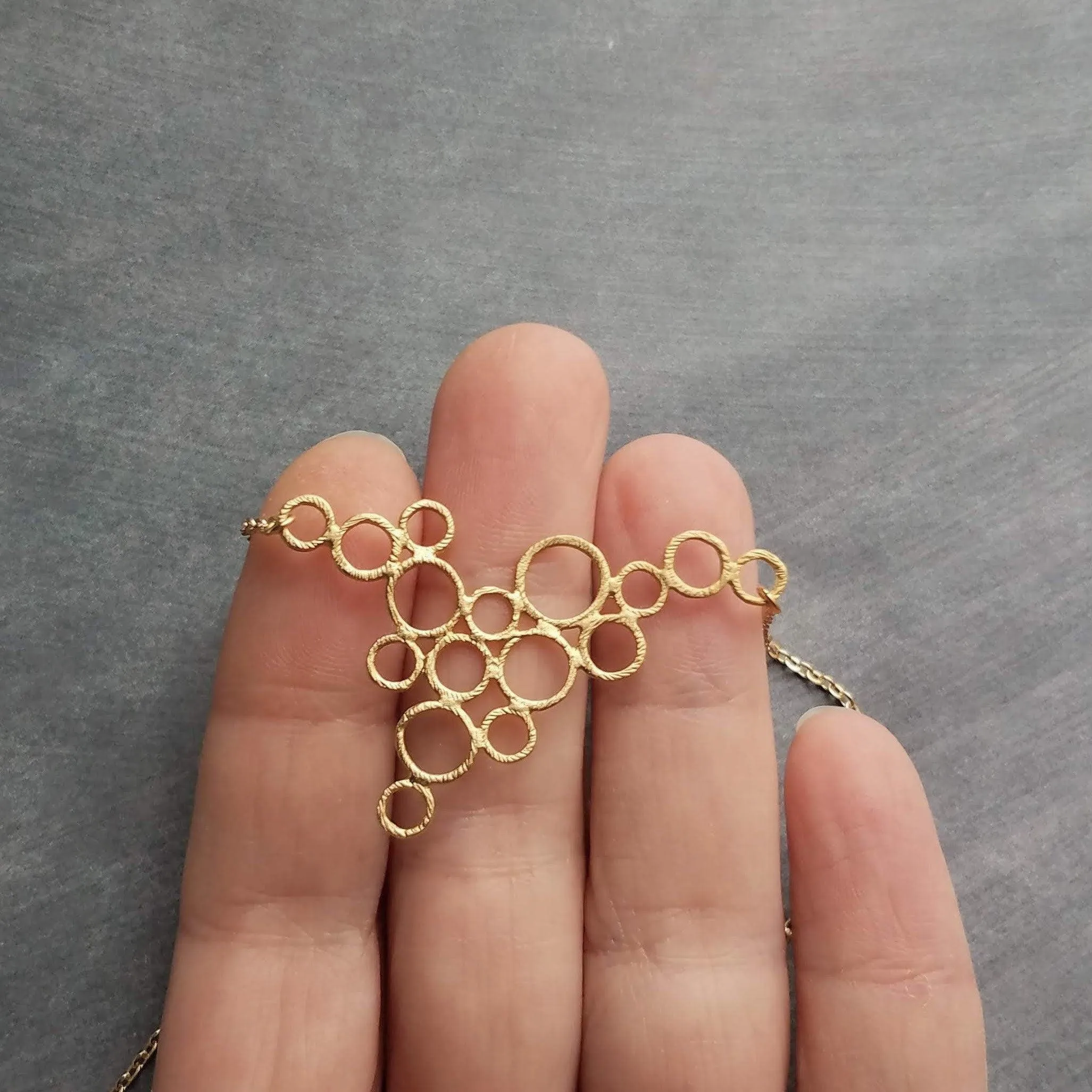 Gold Circles Necklace, gold bubbles necklace, bubble pendant, gold circles pendant connected circles necklace delicate gold chain matte gold