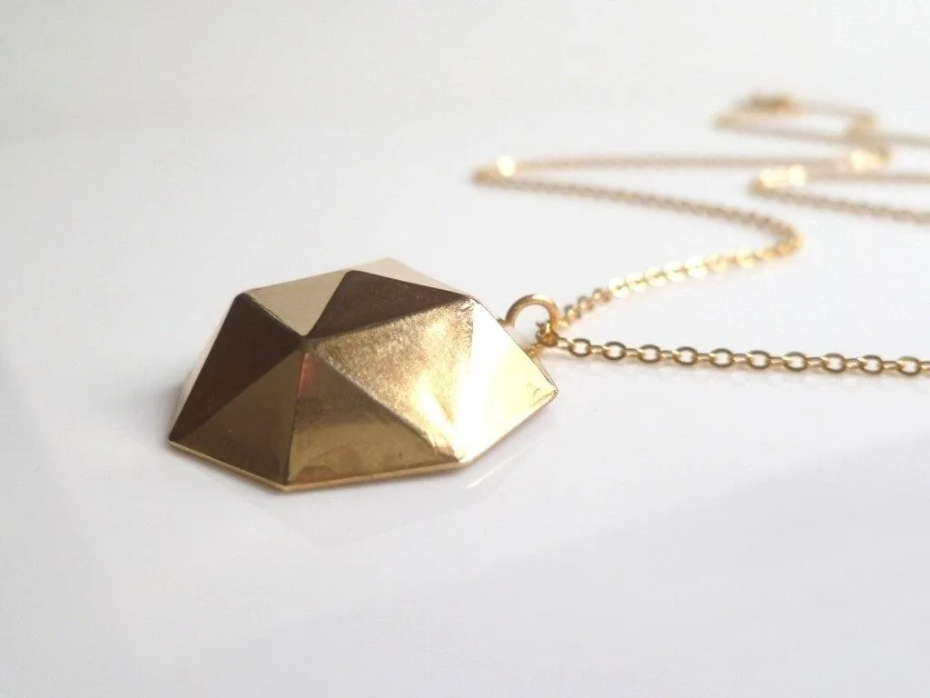 Gold Geometric Necklace, gold dome pendant, polyhedron necklace, triangle dome pendant, half globe necklace, concave necklace, large round