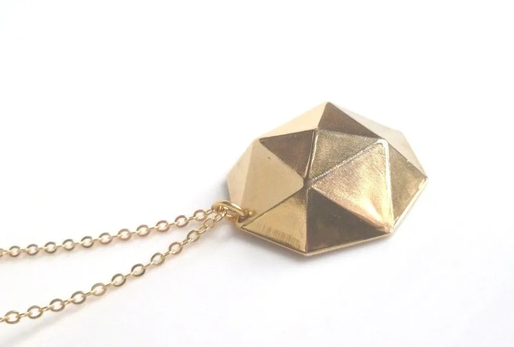 Gold Geometric Necklace, gold dome pendant, polyhedron necklace, triangle dome pendant, half globe necklace, concave necklace, large round