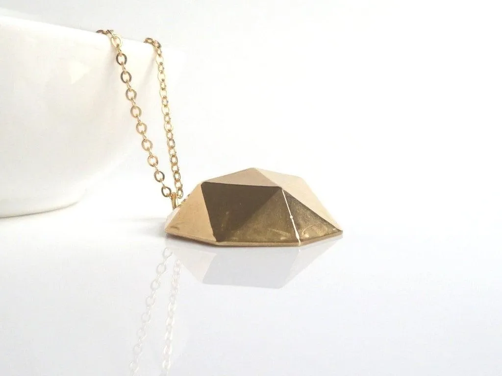 Gold Geometric Necklace, gold dome pendant, polyhedron necklace, triangle dome pendant, half globe necklace, concave necklace, large round