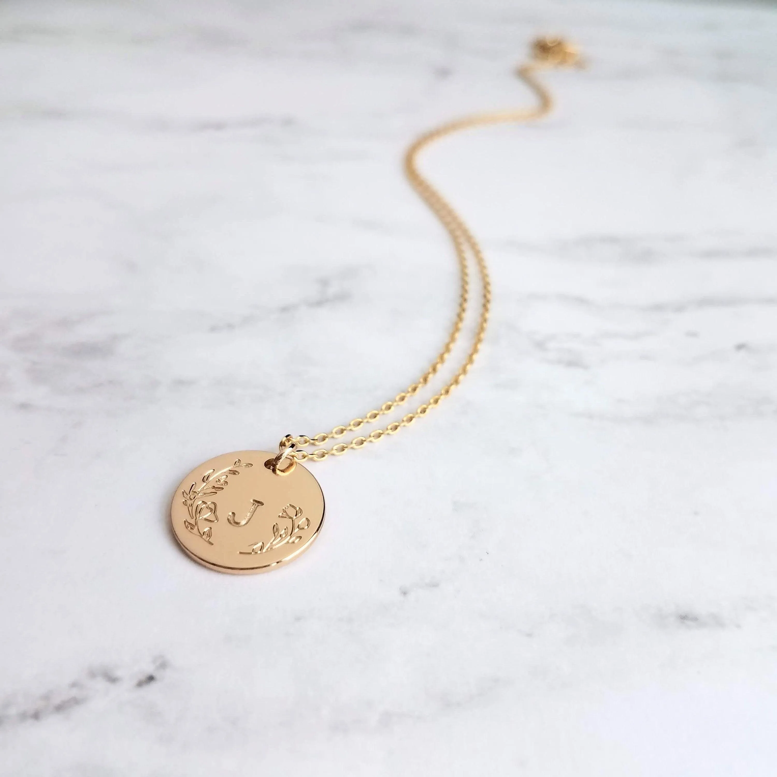 Gold Initial Necklace, personalized necklace, hand stamped necklace, gold letter necklace, gold disk necklace, round floral pendant necklace