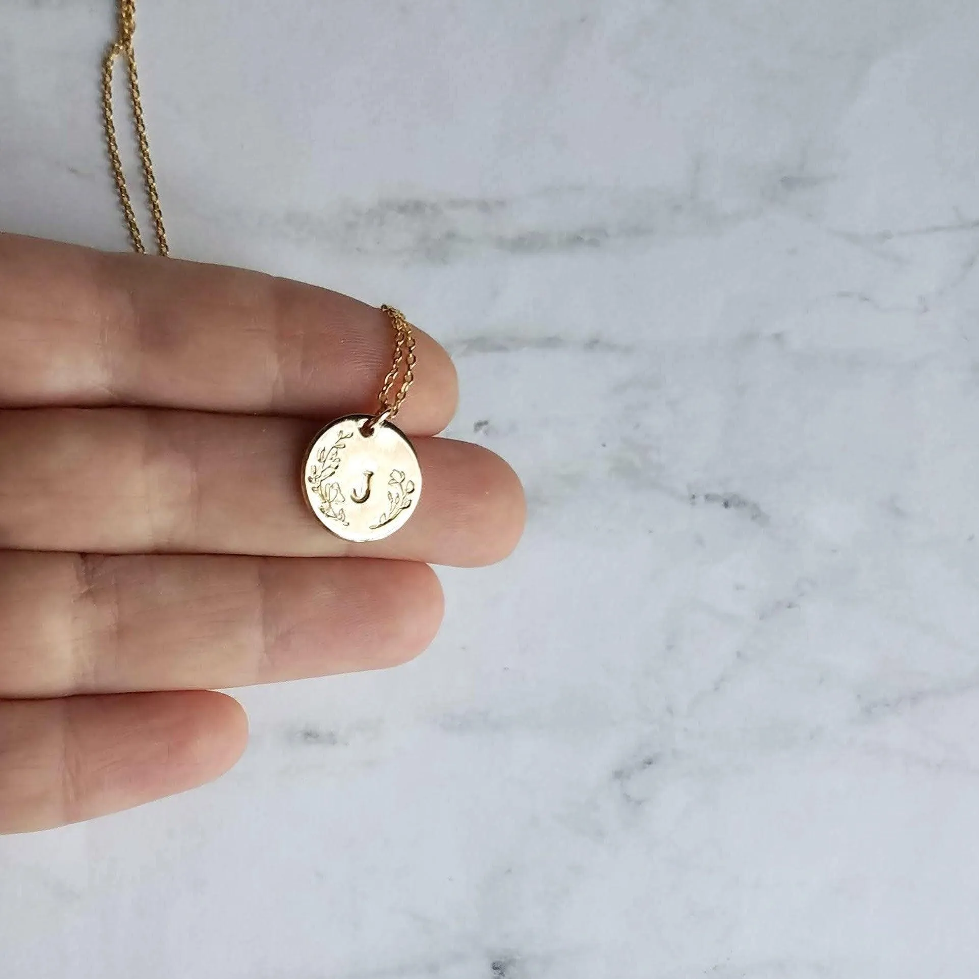 Gold Initial Necklace, personalized necklace, hand stamped necklace, gold letter necklace, gold disk necklace, round floral pendant necklace