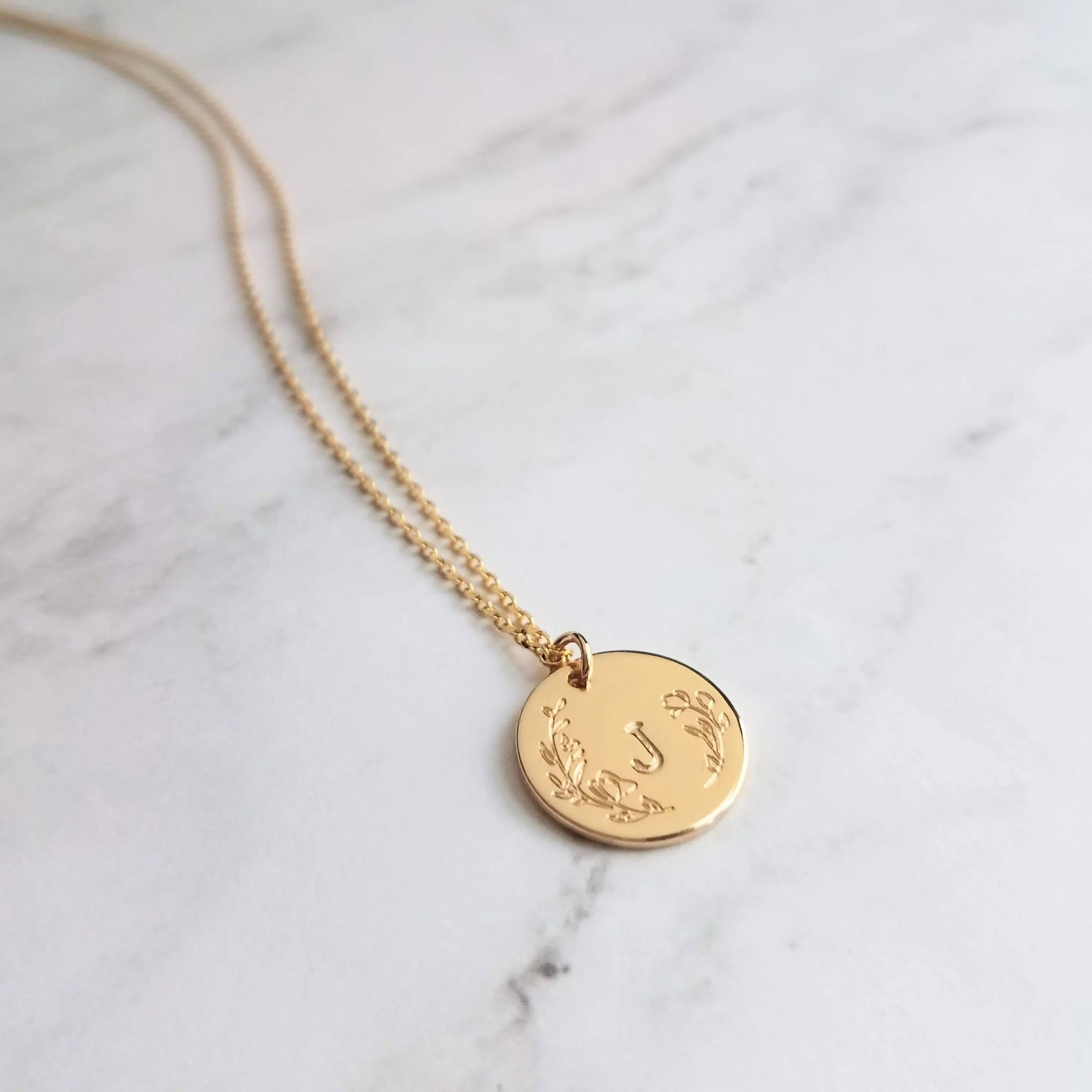 Gold Initial Necklace, personalized necklace, hand stamped necklace, gold letter necklace, gold disk necklace, round floral pendant necklace