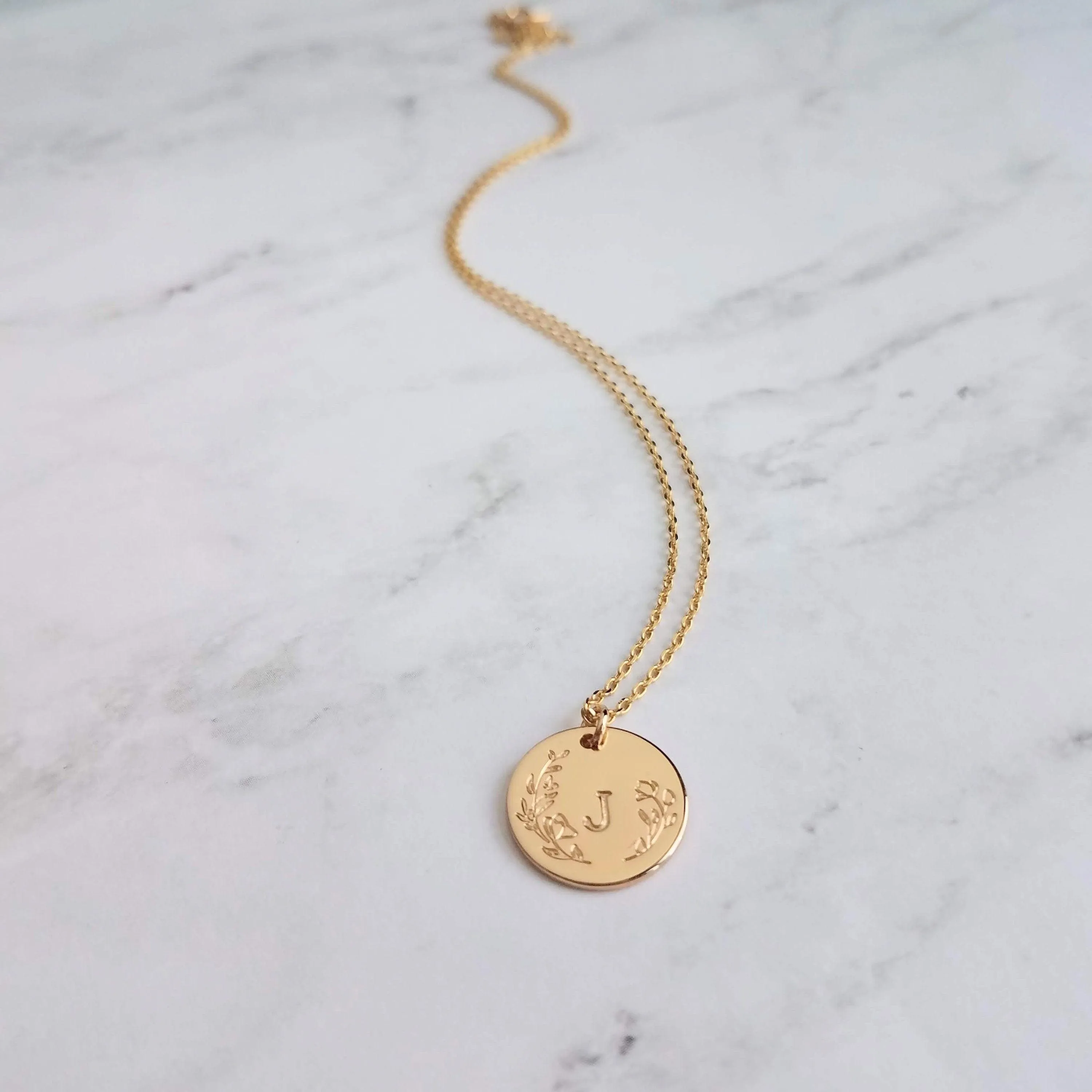 Gold Initial Necklace, personalized necklace, hand stamped necklace, gold letter necklace, gold disk necklace, round floral pendant necklace
