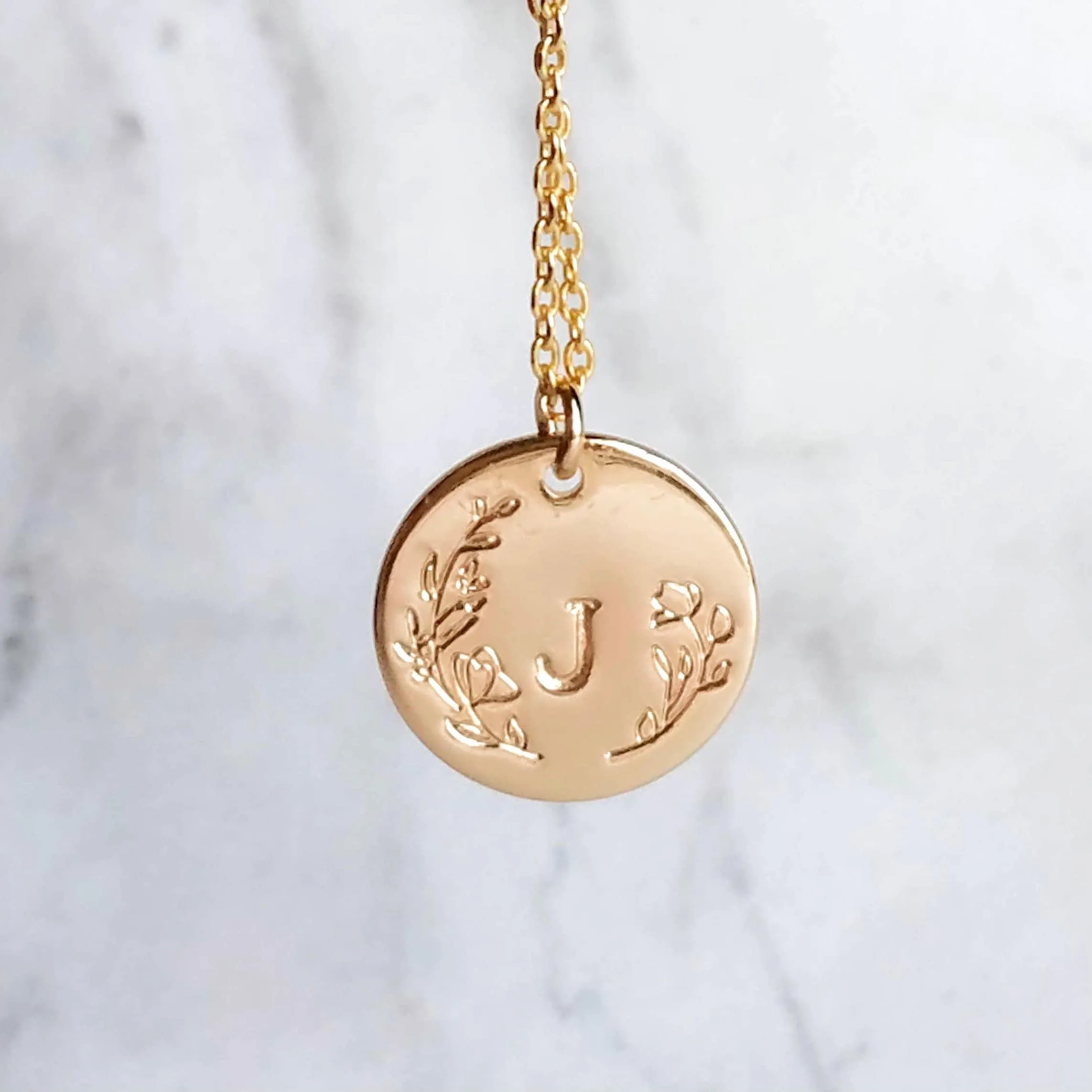 Gold Initial Necklace, personalized necklace, hand stamped necklace, gold letter necklace, gold disk necklace, round floral pendant necklace