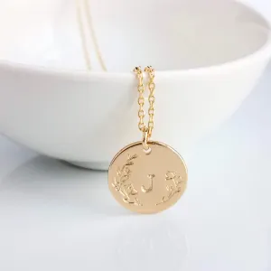 Gold Initial Necklace, personalized necklace, hand stamped necklace, gold letter necklace, gold disk necklace, round floral pendant necklace