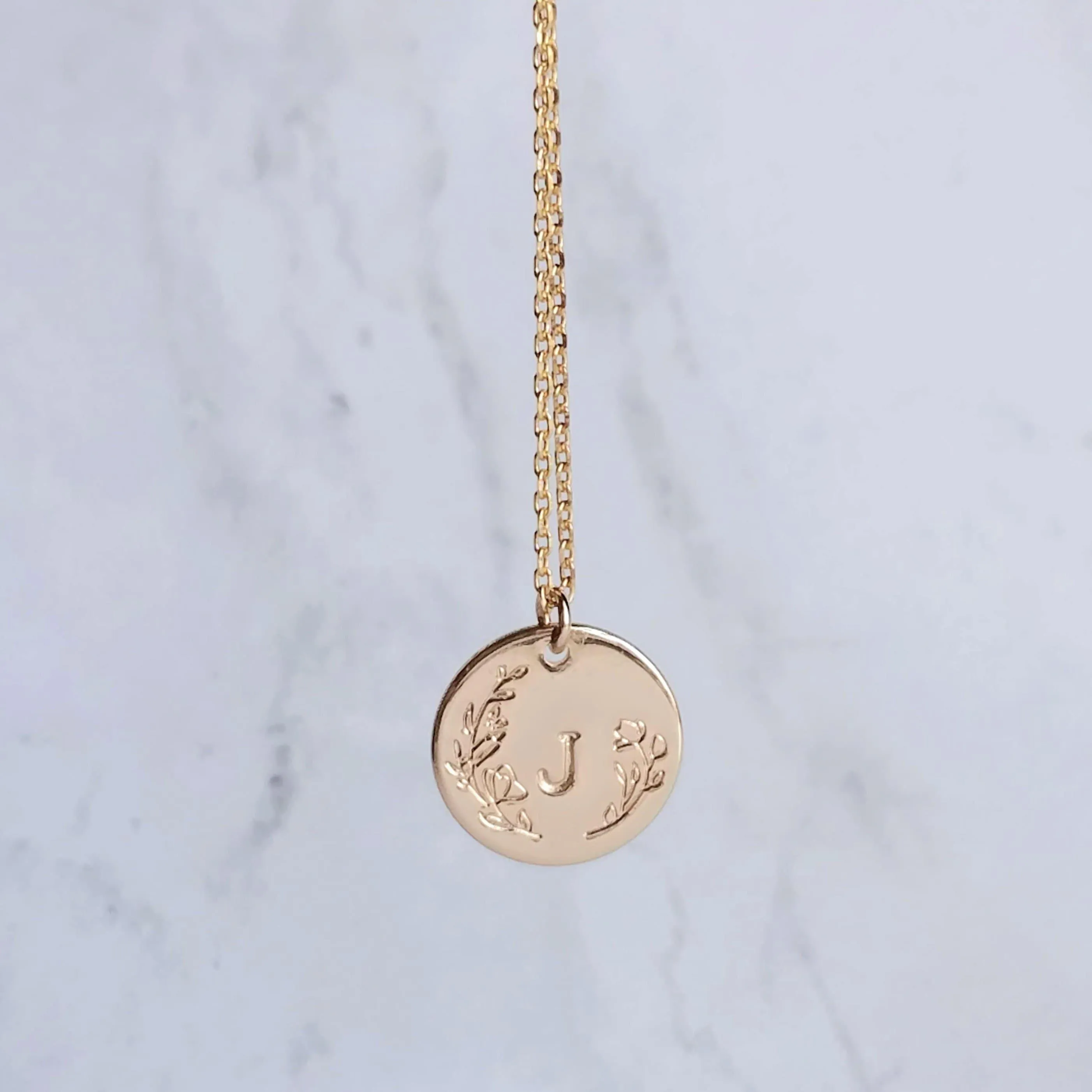 Gold Initial Necklace, personalized necklace, hand stamped necklace, gold letter necklace, gold disk necklace, round floral pendant necklace