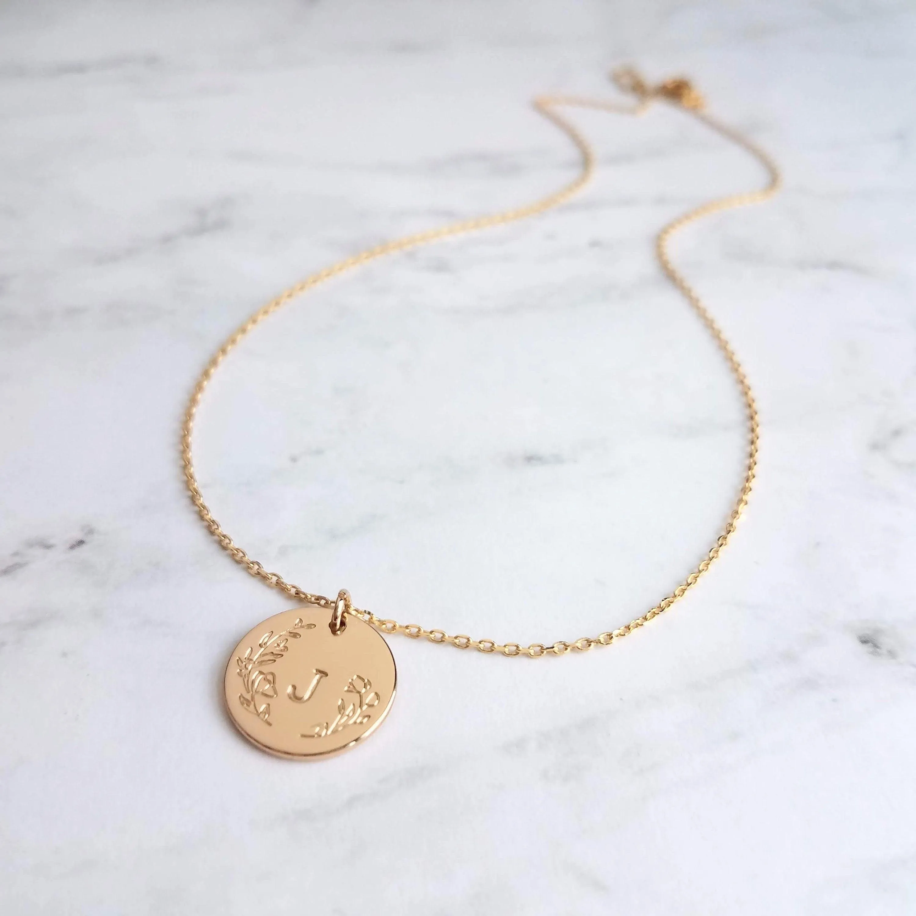 Gold Initial Necklace, personalized necklace, hand stamped necklace, gold letter necklace, gold disk necklace, round floral pendant necklace