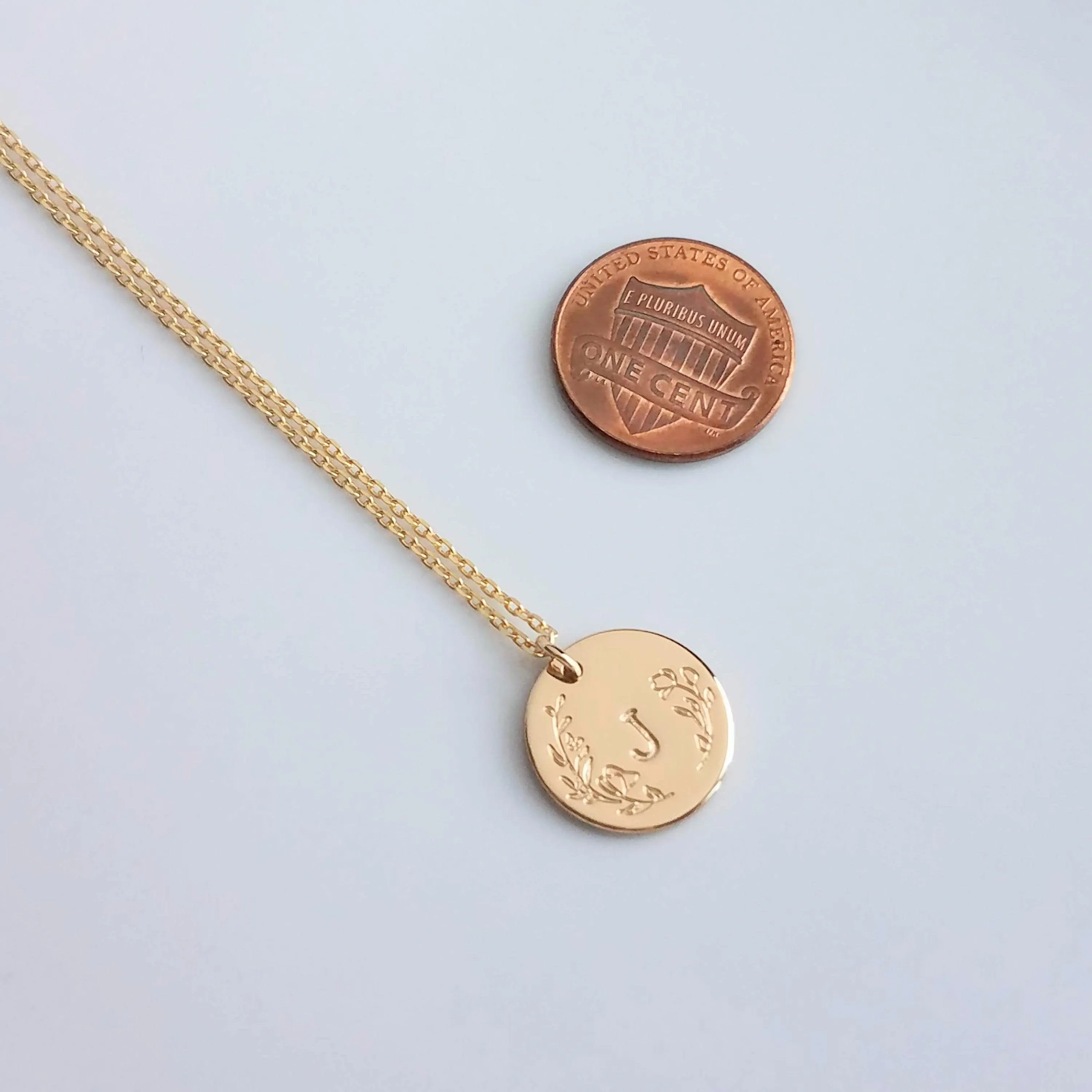 Gold Initial Necklace, personalized necklace, hand stamped necklace, gold letter necklace, gold disk necklace, round floral pendant necklace