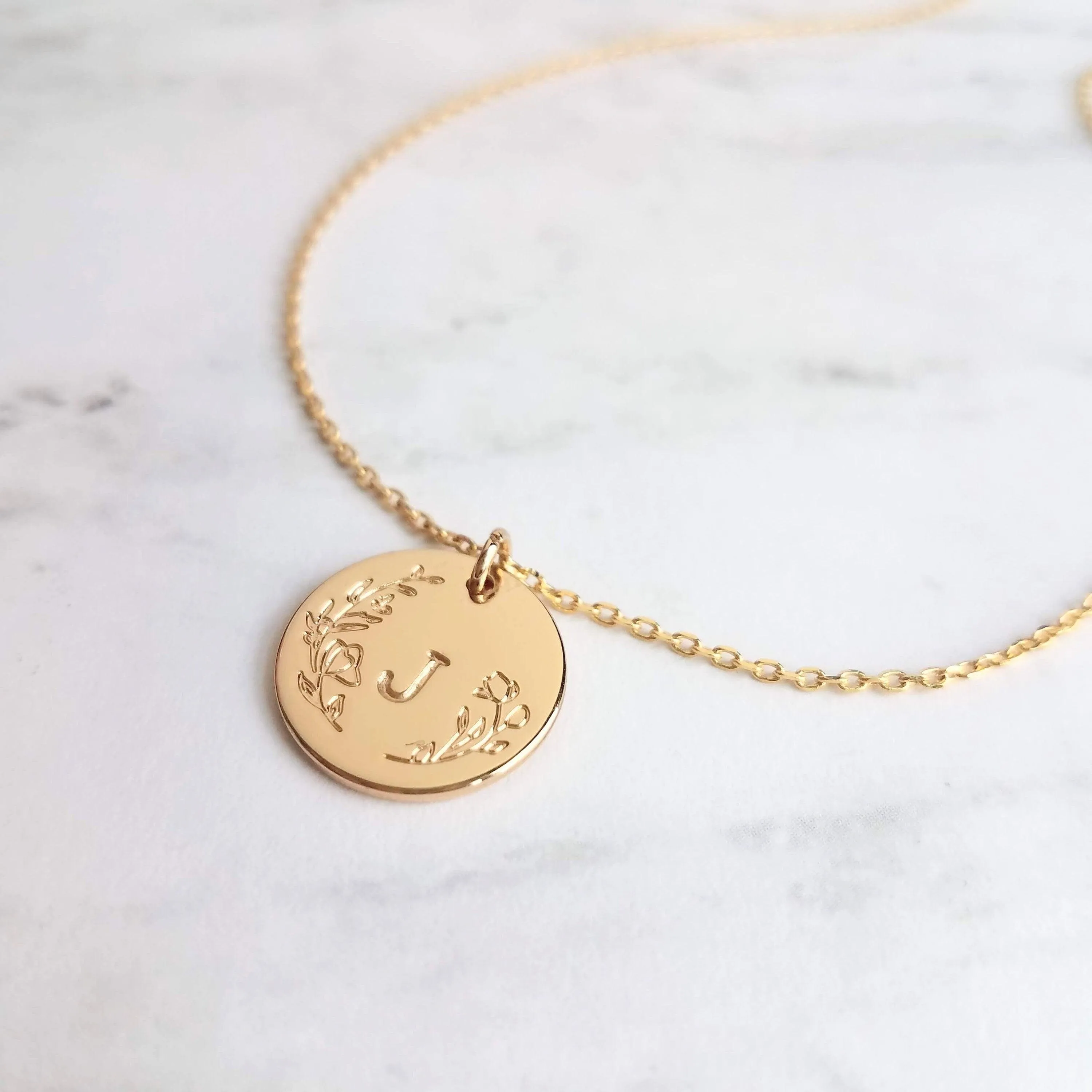 Gold Initial Necklace, personalized necklace, hand stamped necklace, gold letter necklace, gold disk necklace, round floral pendant necklace