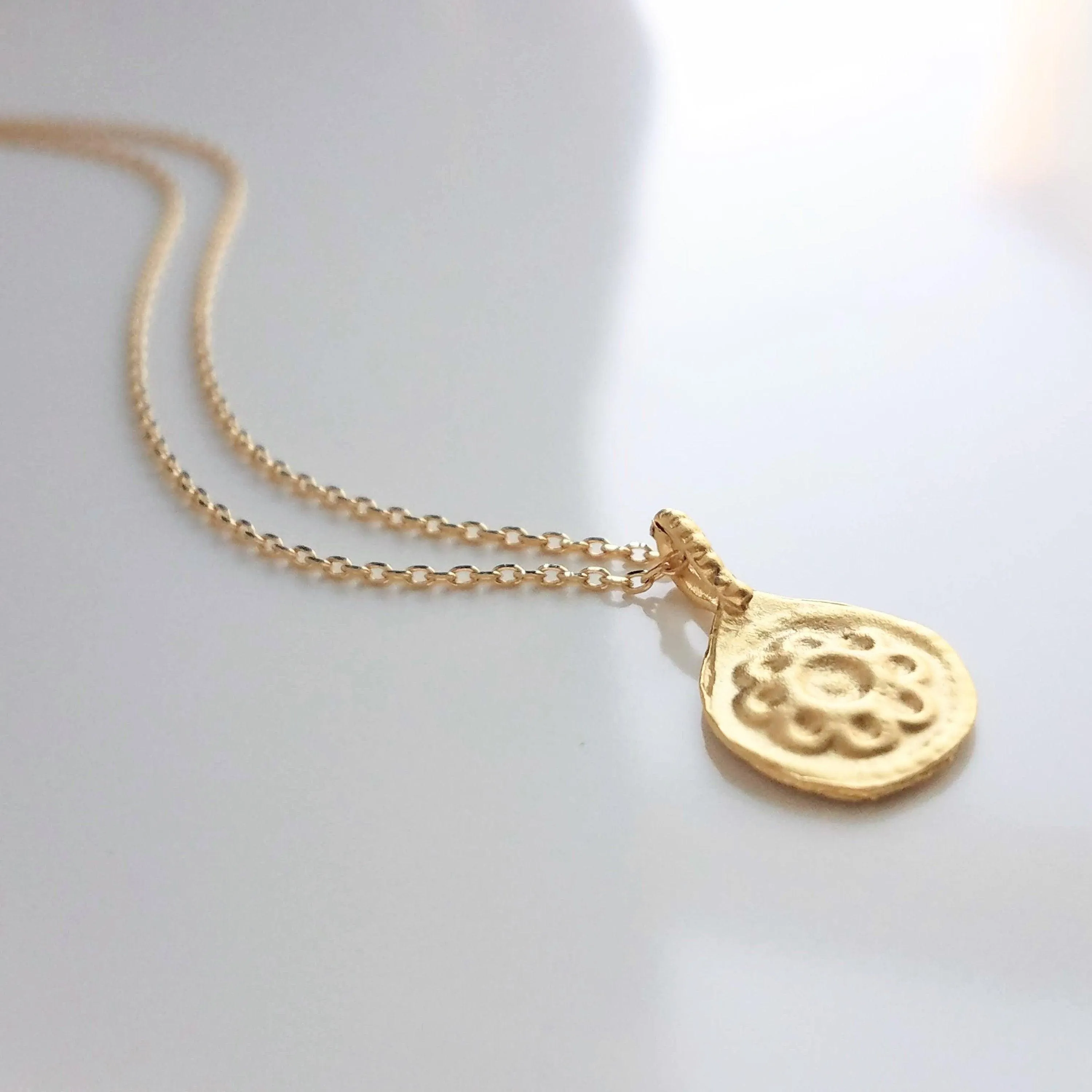Gold Medallion Necklace, gold floral necklace, medallion pendant, gold medallion charm, simple round pendant, floral medallion, matte gold