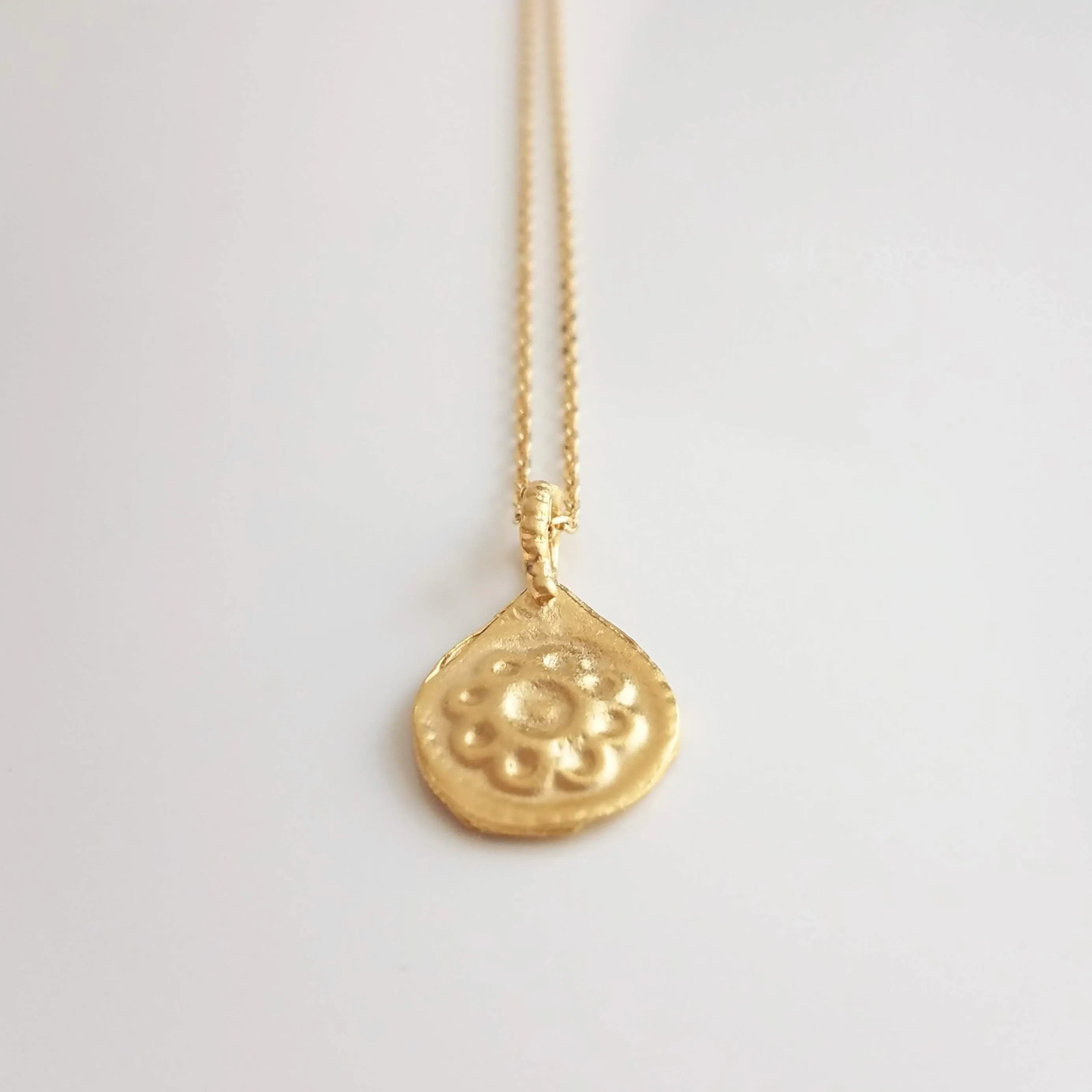 Gold Medallion Necklace, gold floral necklace, medallion pendant, gold medallion charm, simple round pendant, floral medallion, matte gold