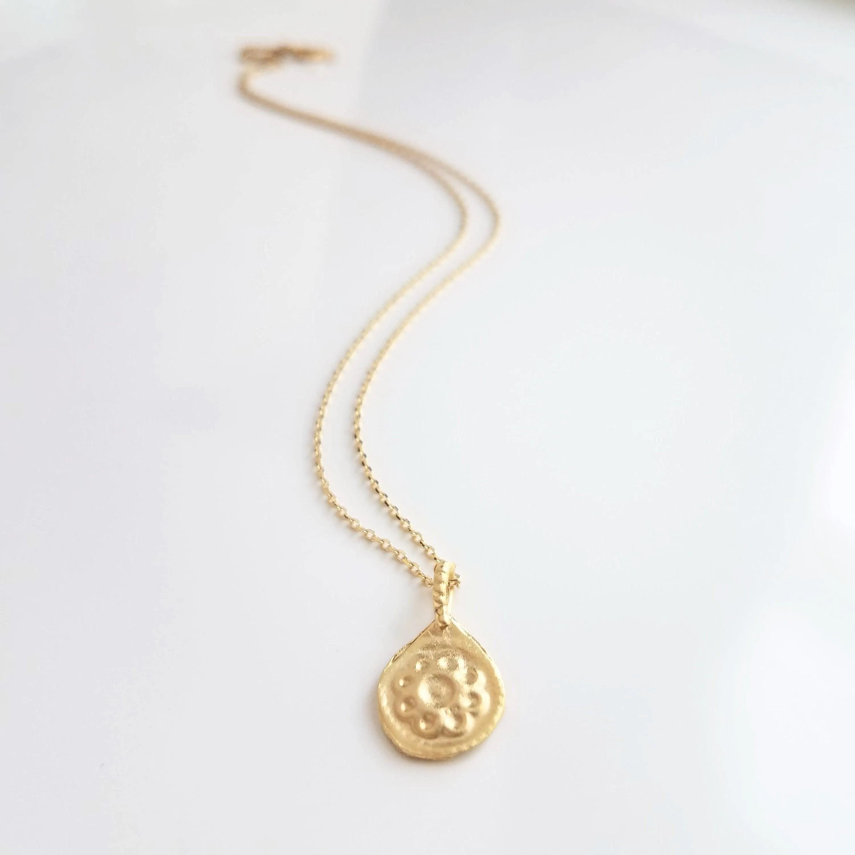 Gold Medallion Necklace, gold floral necklace, medallion pendant, gold medallion charm, simple round pendant, floral medallion, matte gold