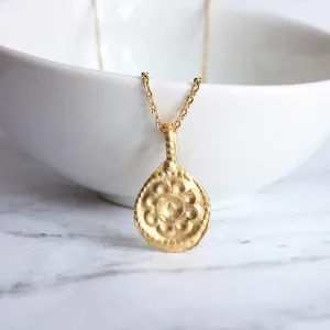 Gold Medallion Necklace, gold floral necklace, medallion pendant, gold medallion charm, simple round pendant, floral medallion, matte gold