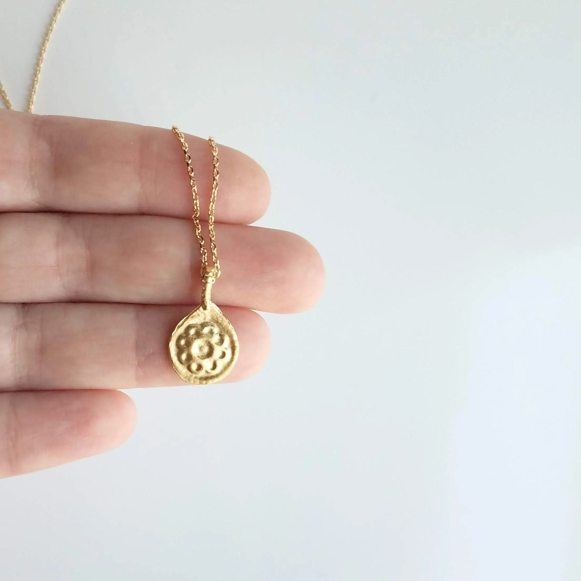 Gold Medallion Necklace, gold floral necklace, medallion pendant, gold medallion charm, simple round pendant, floral medallion, matte gold