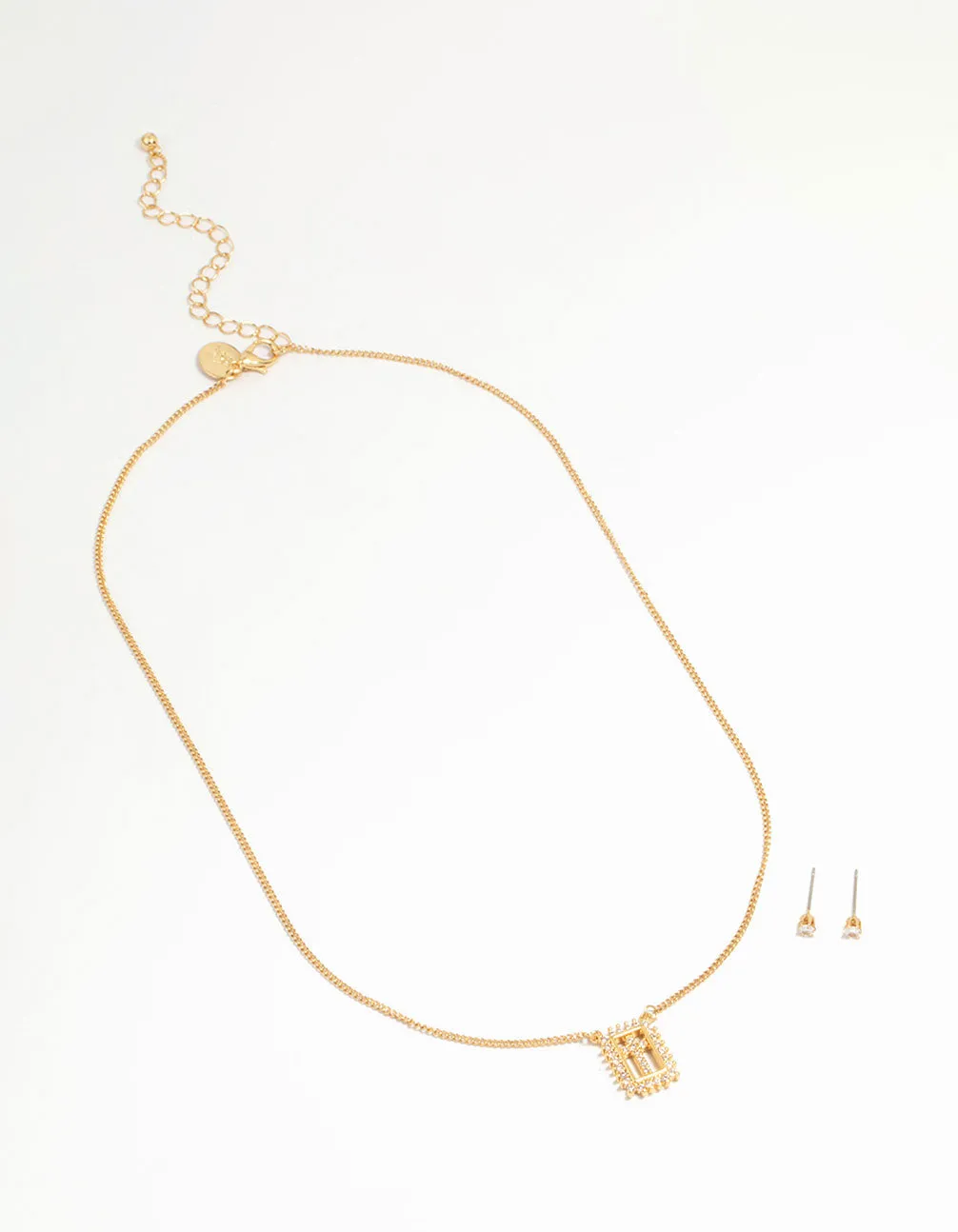 Gold Plated Cubic Zirconia Cross Necklace & Stud Earrings Set