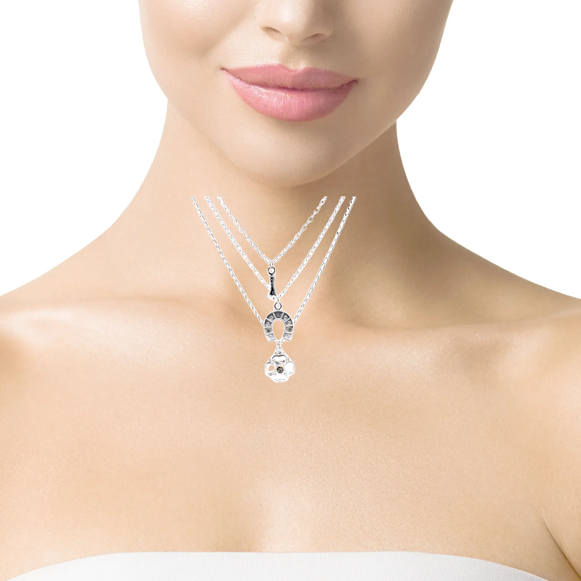 Good Luck Charms Pendant Stacked Necklace 17 inches Silver Plated