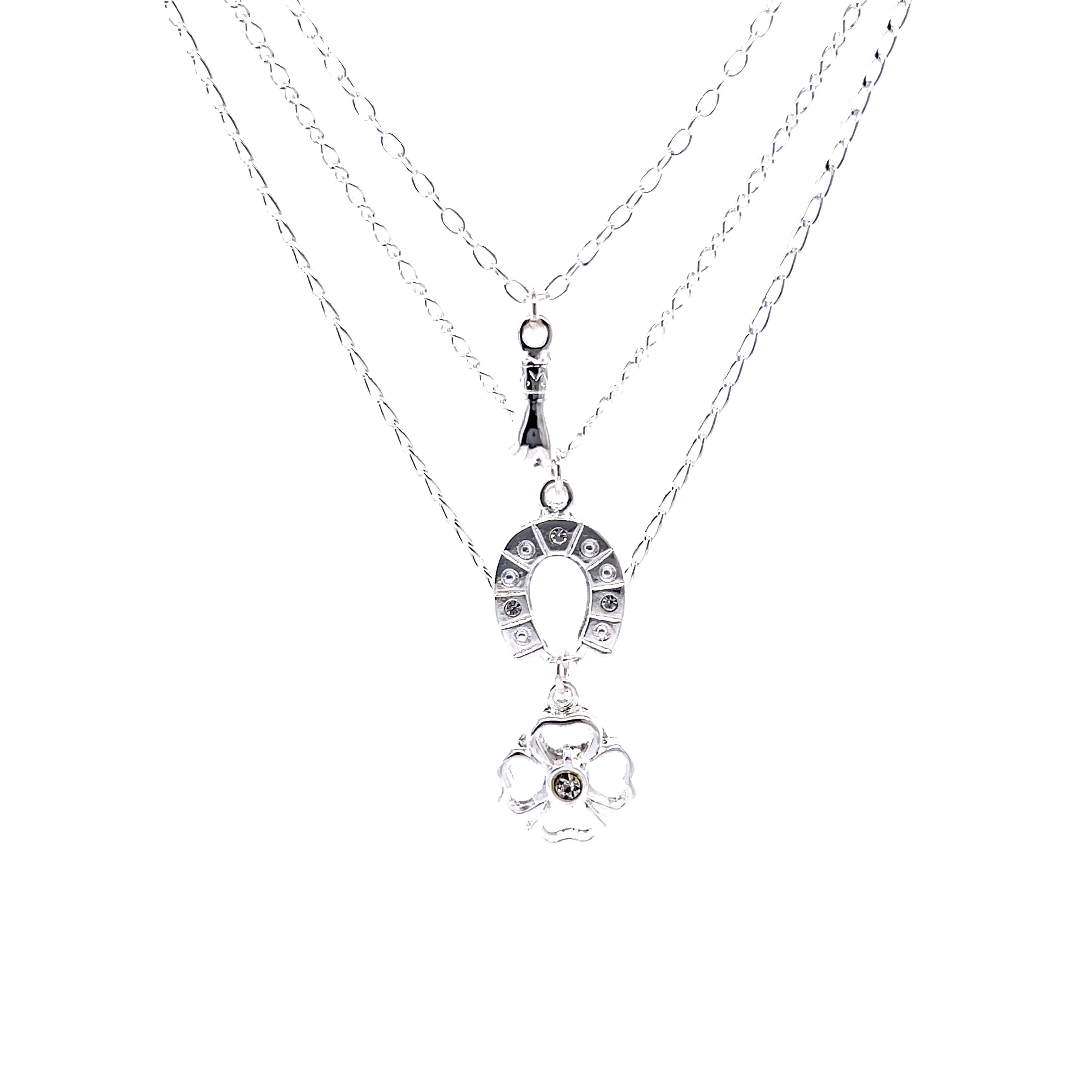 Good Luck Charms Pendant Stacked Necklace 17 inches Silver Plated
