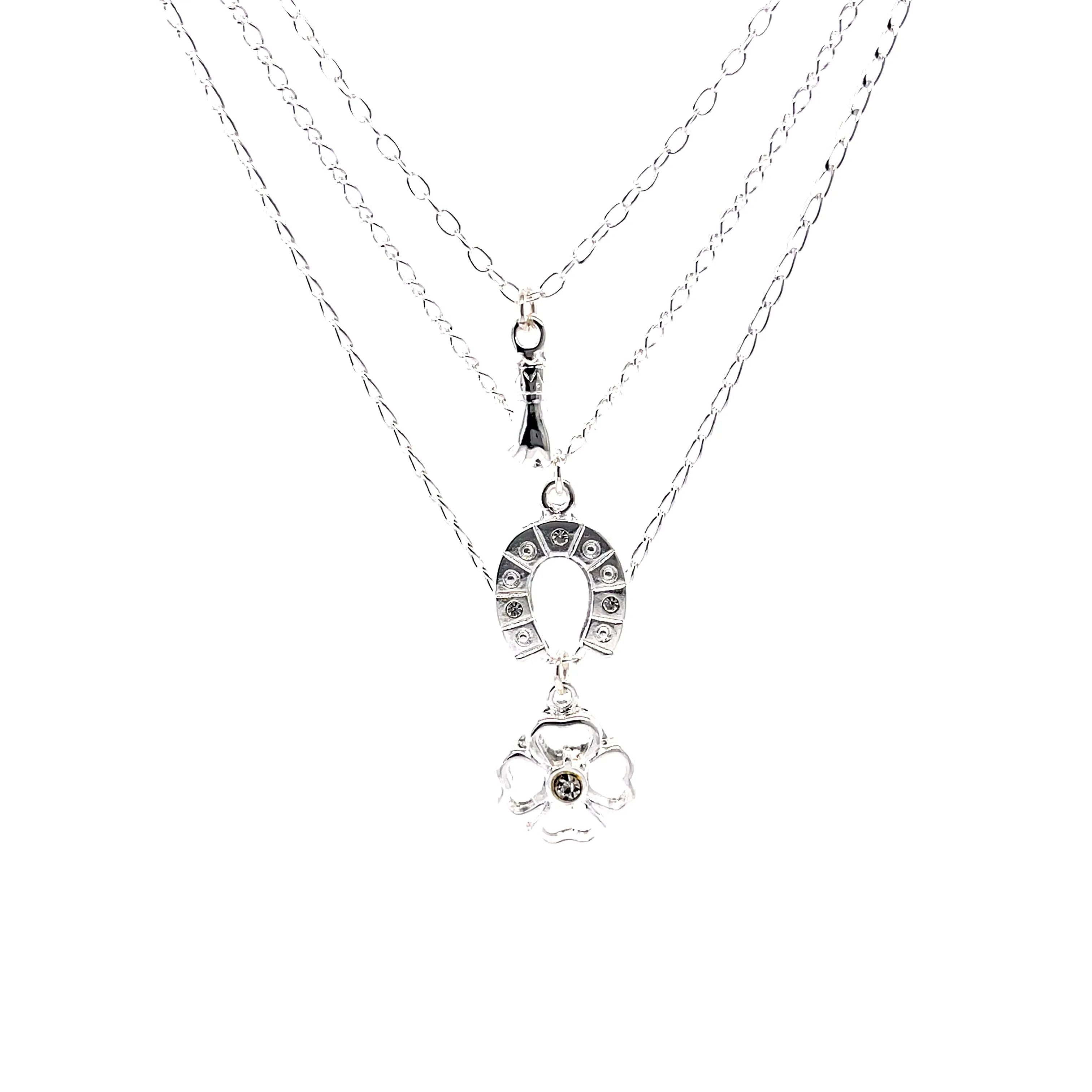 Good Luck Charms Pendant Stacked Necklace 17 inches Silver Plated
