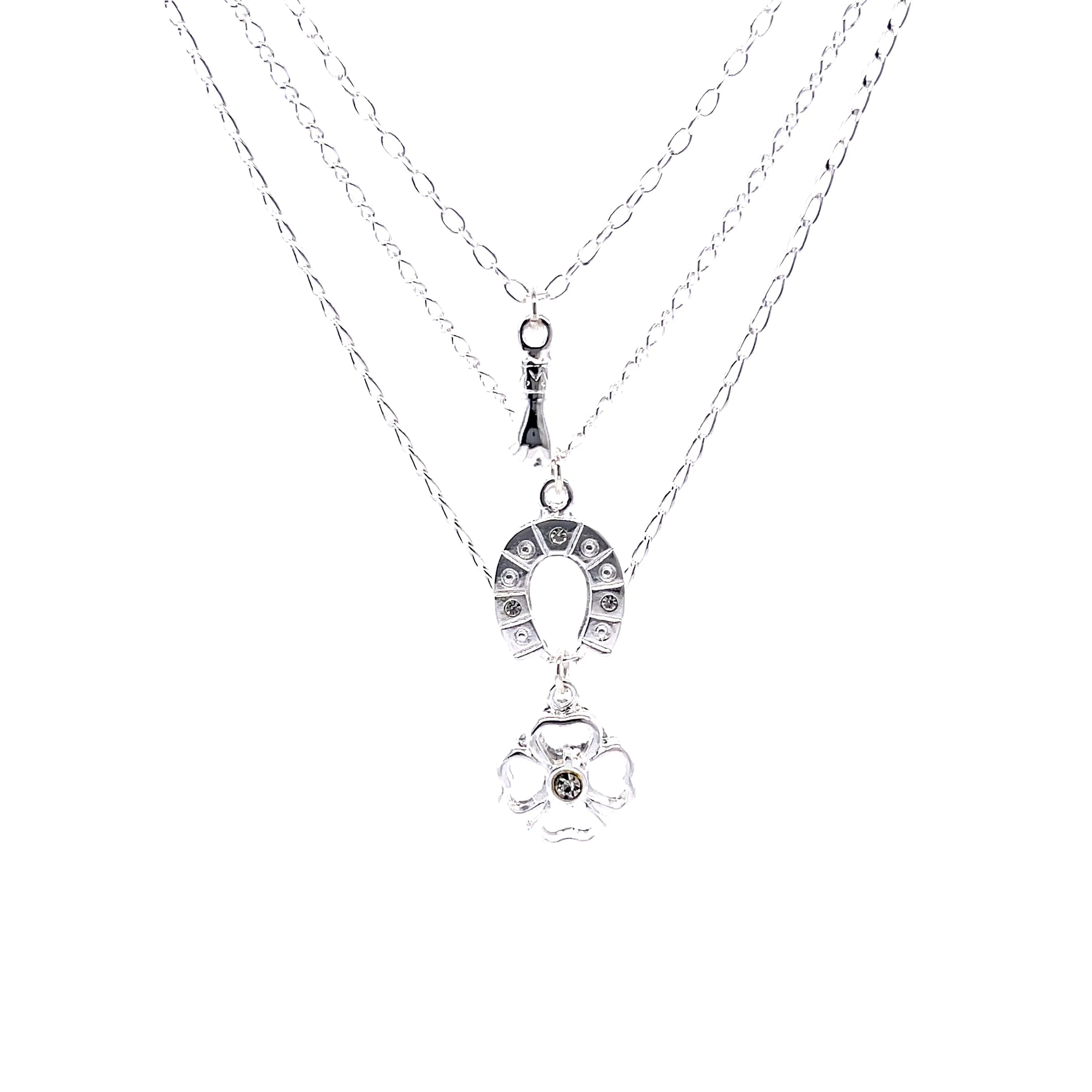 Good Luck Charms Pendant Stacked Necklace 17 inches Silver Plated