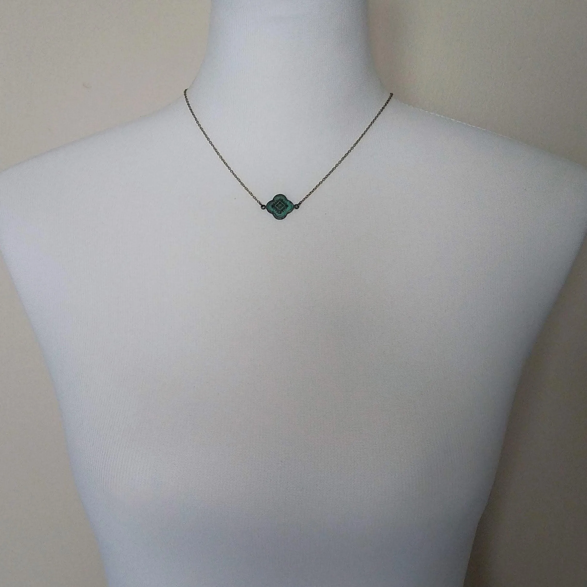 Green Clover Necklace, little clover pendant, green patina necklace, antique bronze chain, 4 leaf clover necklace, rustic necklace verdigris