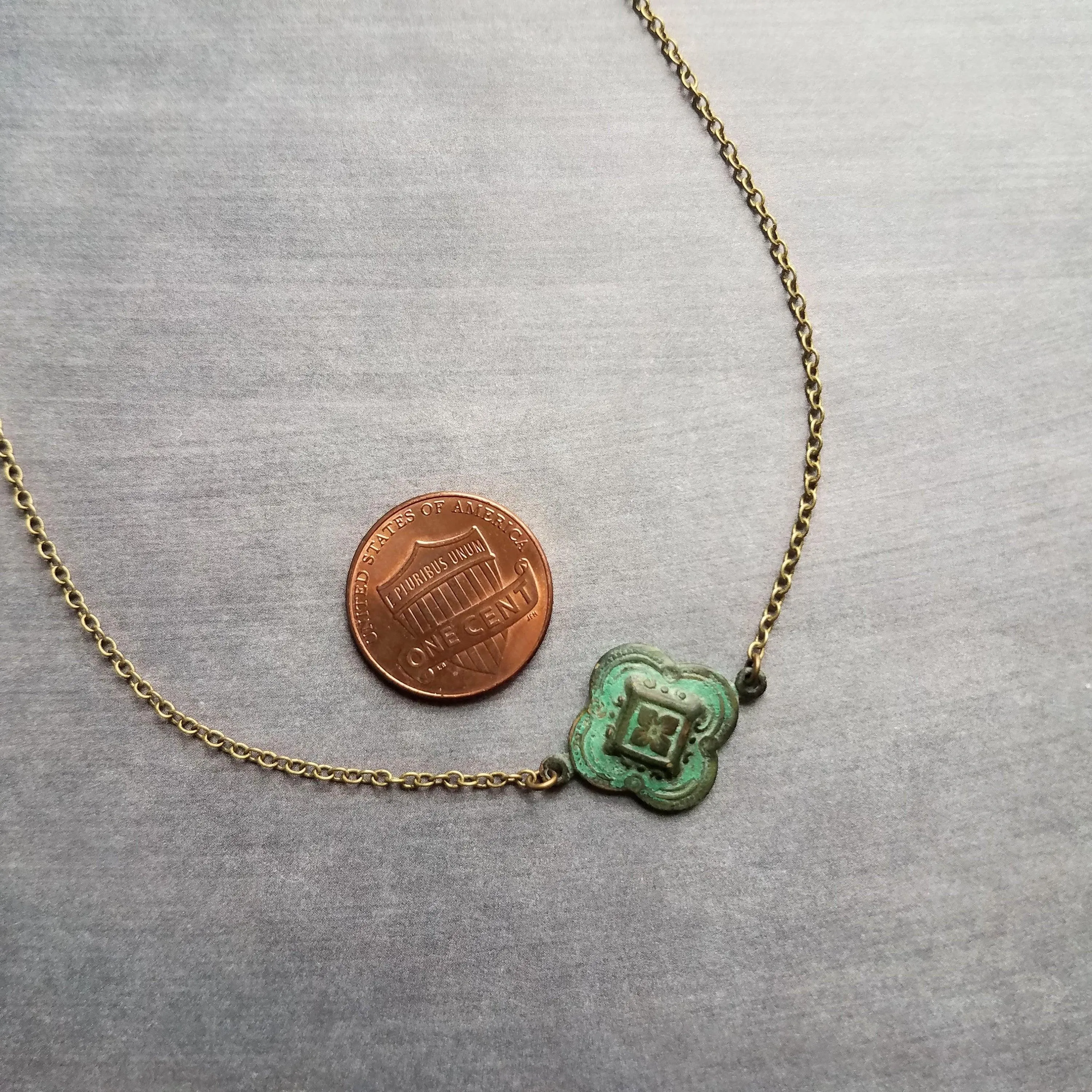 Green Clover Necklace, little clover pendant, green patina necklace, antique bronze chain, 4 leaf clover necklace, rustic necklace verdigris