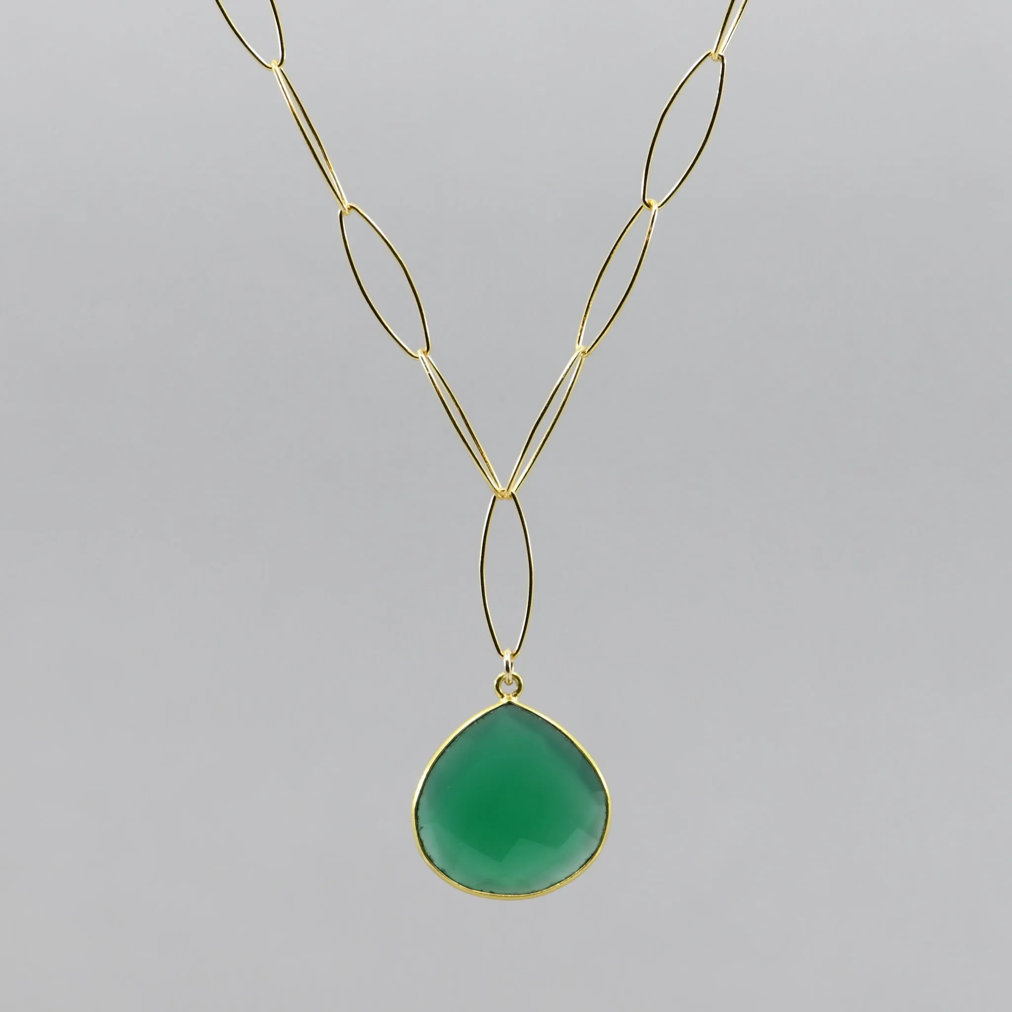 Green Onyx Pear Pendant - 20" Gold Filled Adjustable Necklace