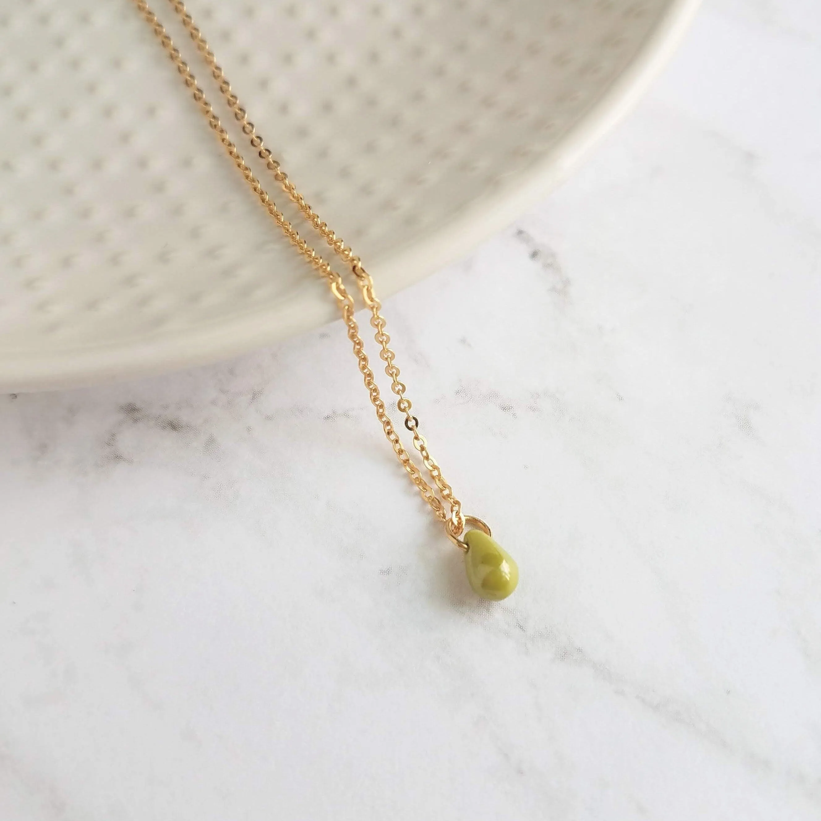 Green Teardrop Necklace -  very tiny pea green glass drop, 14K gold fill chain, delicate small little teardrop, gift for her under 40