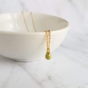 Green Teardrop Necklace -  very tiny pea green glass drop, 14K gold fill chain, delicate small little teardrop, gift for her under 40