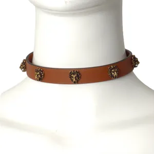 GUCCI- Brown Leather Multi Lions Head Choker