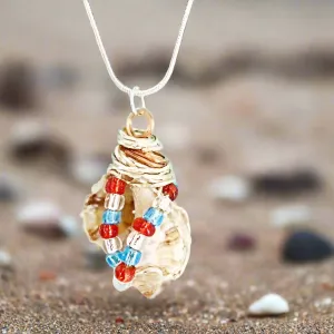 Handcrafted Apple Murex Shell Necklace - Copper & Silver Wire Wrapped with Red, White & Blue Glass Beads