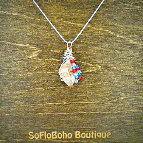 Handcrafted Apple Murex Shell Necklace - Copper & Silver Wire Wrapped with Red, White & Blue Glass Beads