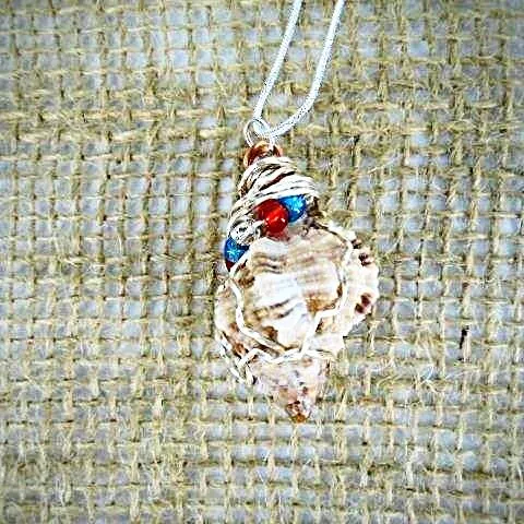 Handcrafted Apple Murex Shell Necklace - Copper & Silver Wire Wrapped with Red, White & Blue Glass Beads