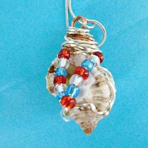 Handcrafted Apple Murex Shell Necklace - Copper & Silver Wire Wrapped with Red, White & Blue Glass Beads