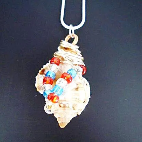 Handcrafted Apple Murex Shell Necklace - Copper & Silver Wire Wrapped with Red, White & Blue Glass Beads