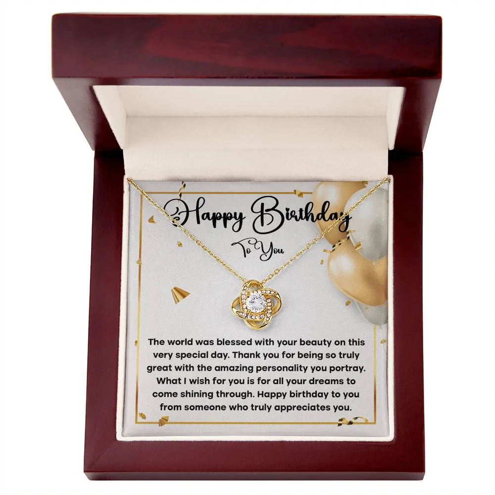 Happy Birthday To You Love Knot Necklace, Birthday Gift For Her