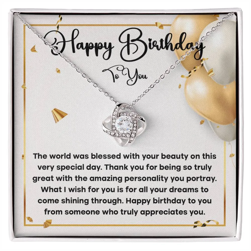 Happy Birthday To You Love Knot Necklace, Birthday Gift For Her