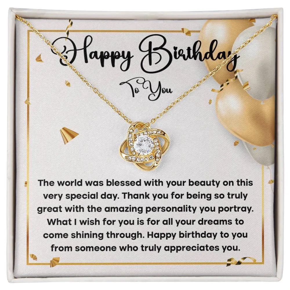 Happy Birthday To You Love Knot Necklace, Birthday Gift For Her