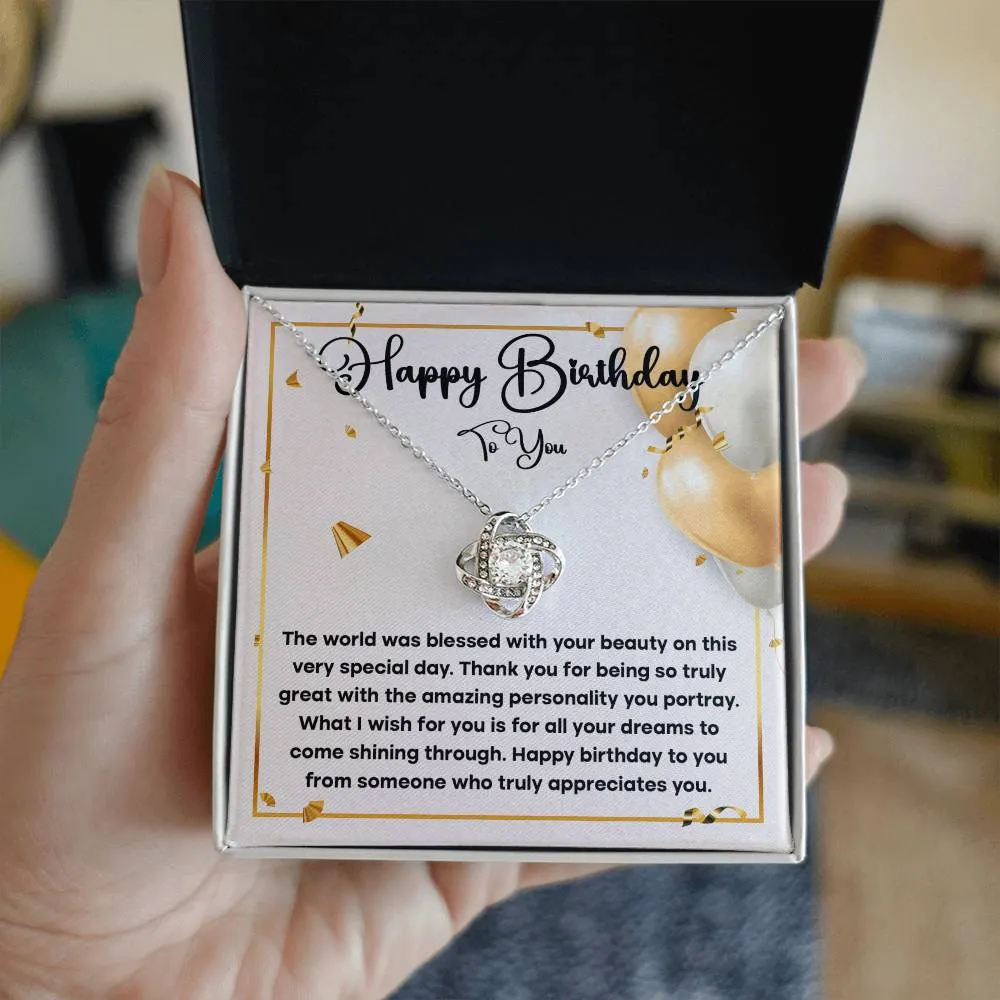 Happy Birthday To You Love Knot Necklace, Birthday Gift For Her