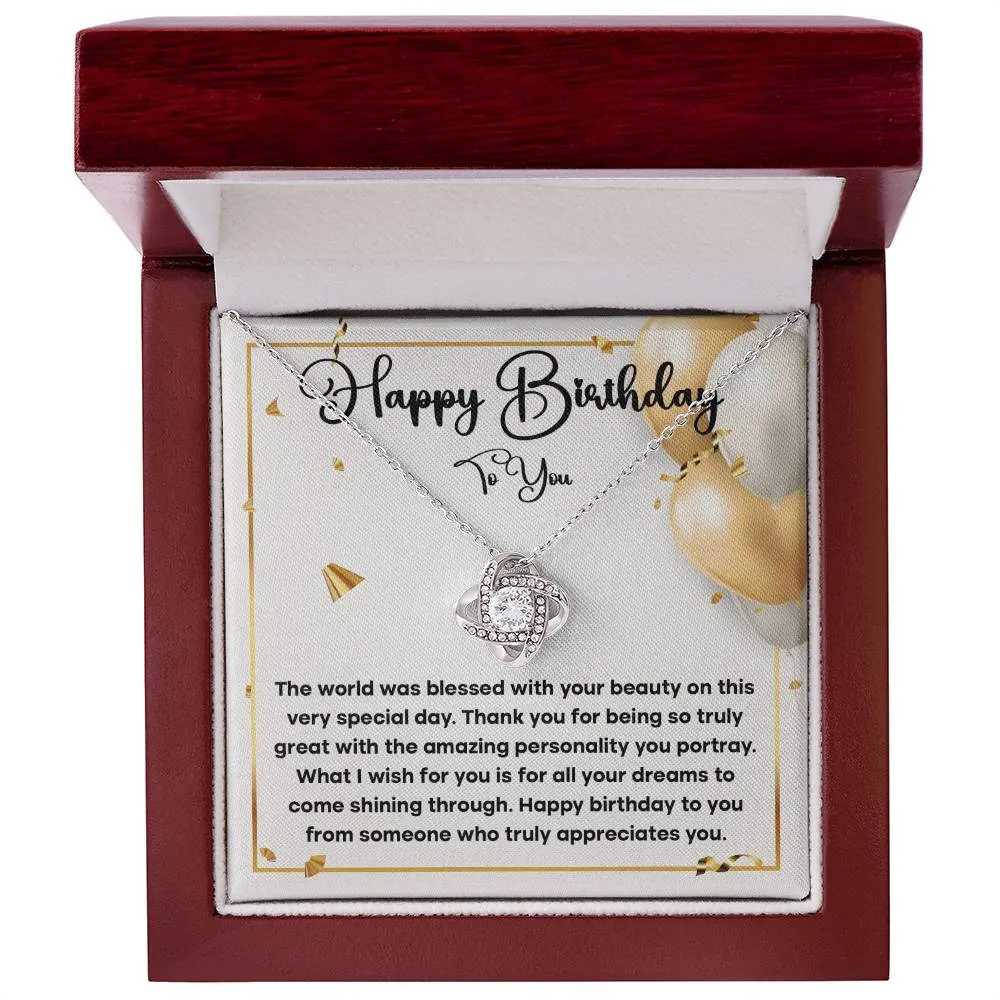 Happy Birthday To You Love Knot Necklace, Birthday Gift For Her