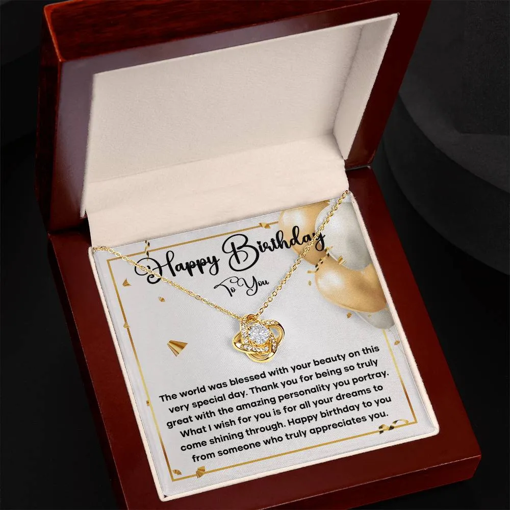 Happy Birthday To You Love Knot Necklace, Birthday Gift For Her