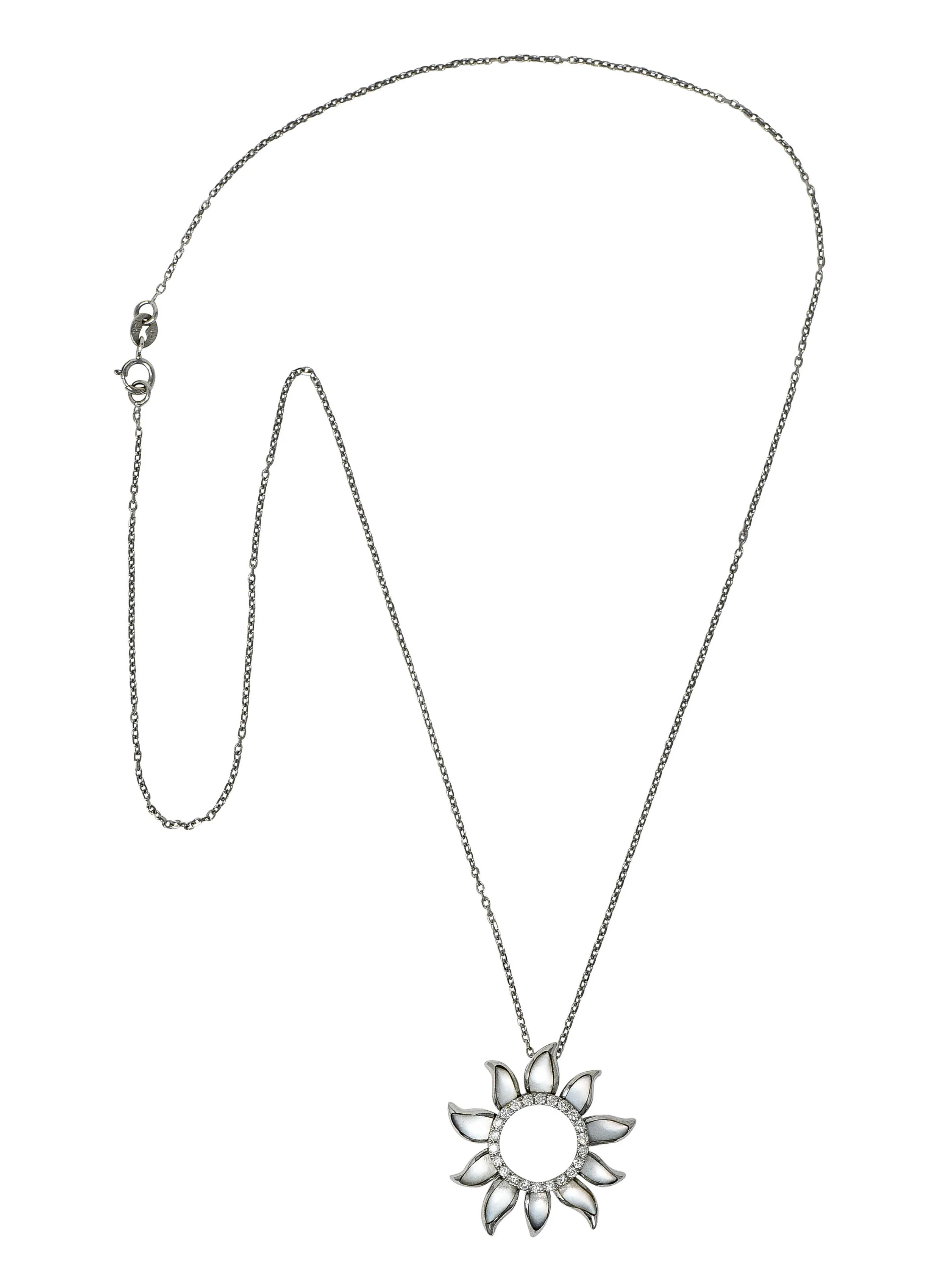 Hawaiian Na Hoku Mother-Of-Pearl Diamond 14 Karat White Gold Sun Pendant Necklace