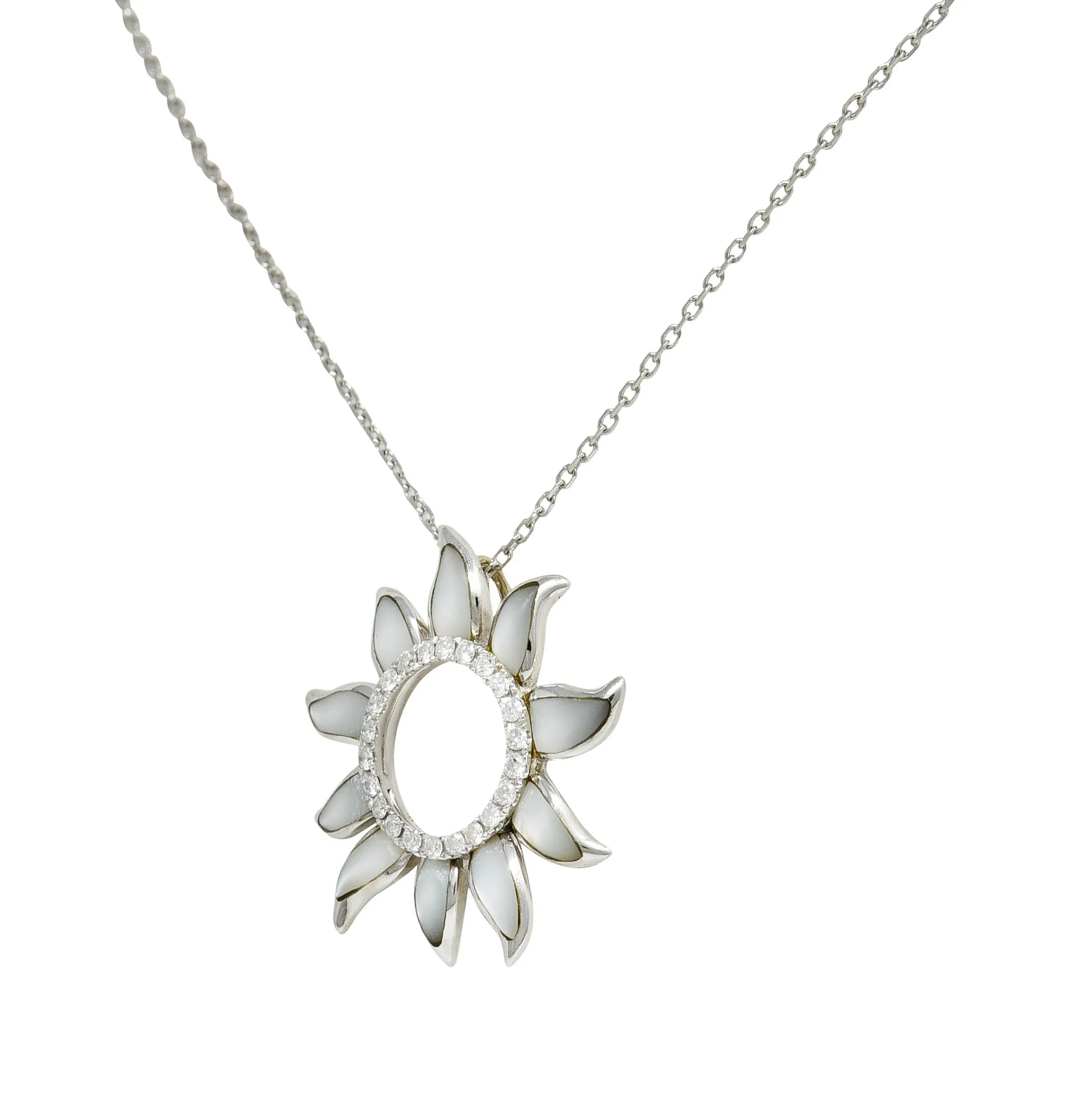 Hawaiian Na Hoku Mother-Of-Pearl Diamond 14 Karat White Gold Sun Pendant Necklace