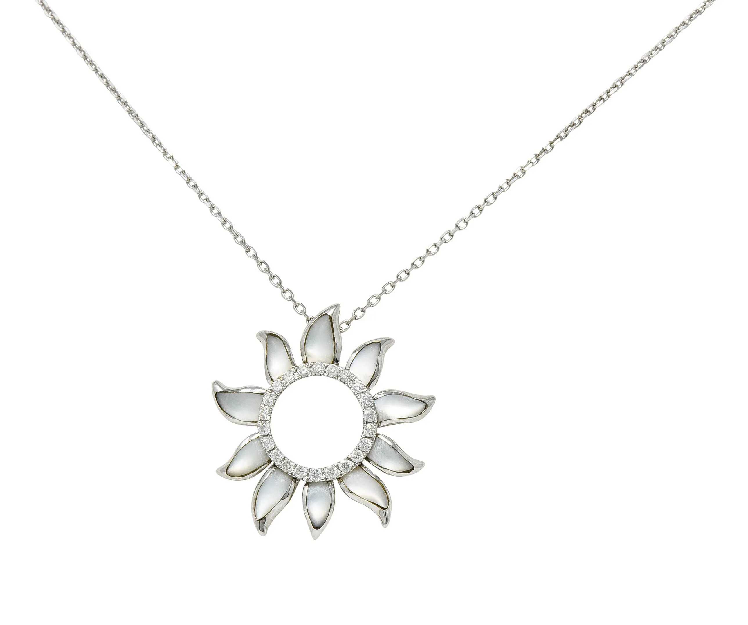 Hawaiian Na Hoku Mother-Of-Pearl Diamond 14 Karat White Gold Sun Pendant Necklace