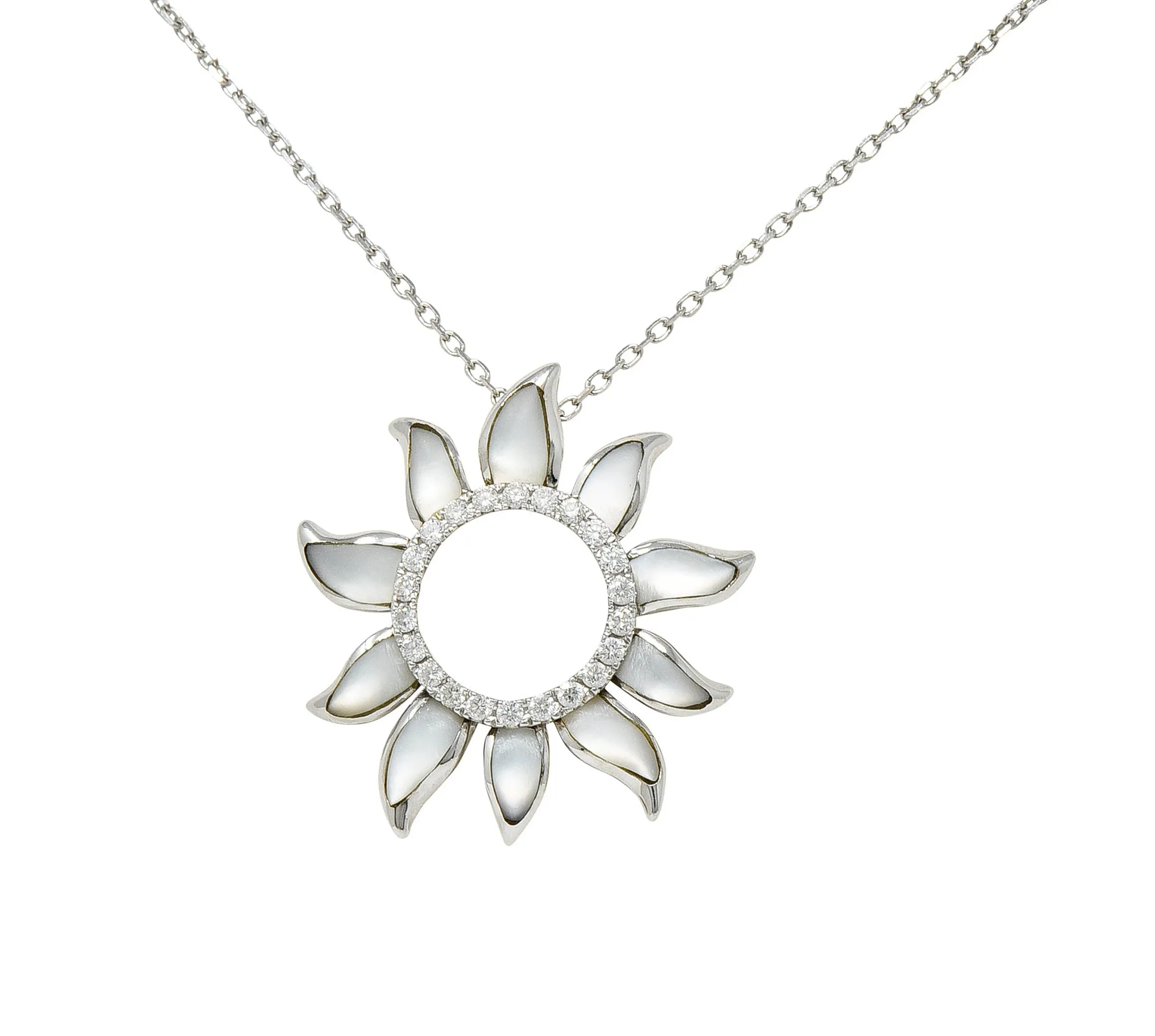 Hawaiian Na Hoku Mother-Of-Pearl Diamond 14 Karat White Gold Sun Pendant Necklace