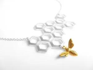 Honeycomb Necklace - gold brass bumblebee dangles from large bee hive pendant in matte silver on simple silver plated chain
